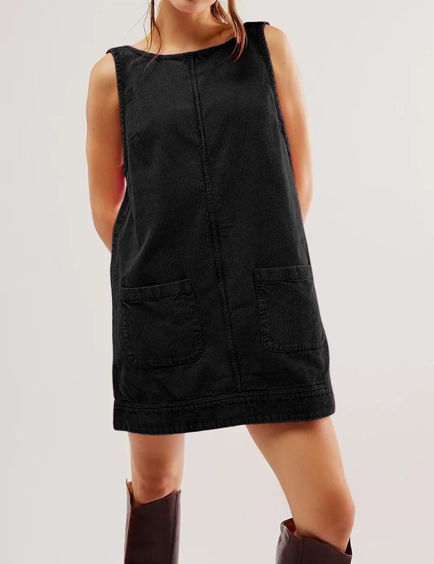 Genérico 2024 Women's Corduroy Overall Dress Round Neck Open Back Fall Mini Jumper Dress with Pockets