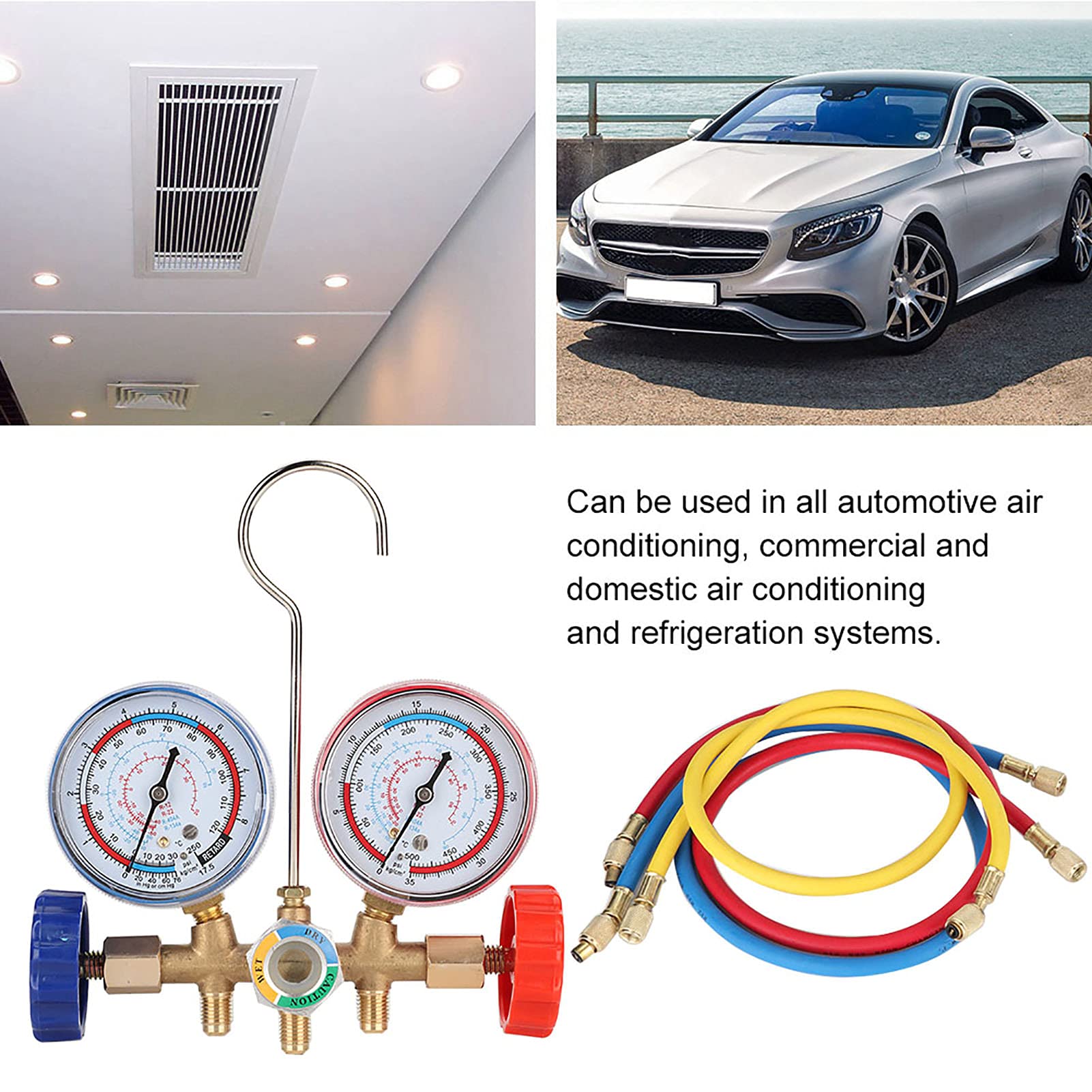 Bombas de Vacío para Aire Acondicionado Automotriz, Herramientas de Aire Acondicionado Refrigerante, Juego de Manómetro de Diagnóstico de CA con Kit de Manguera y Gancho