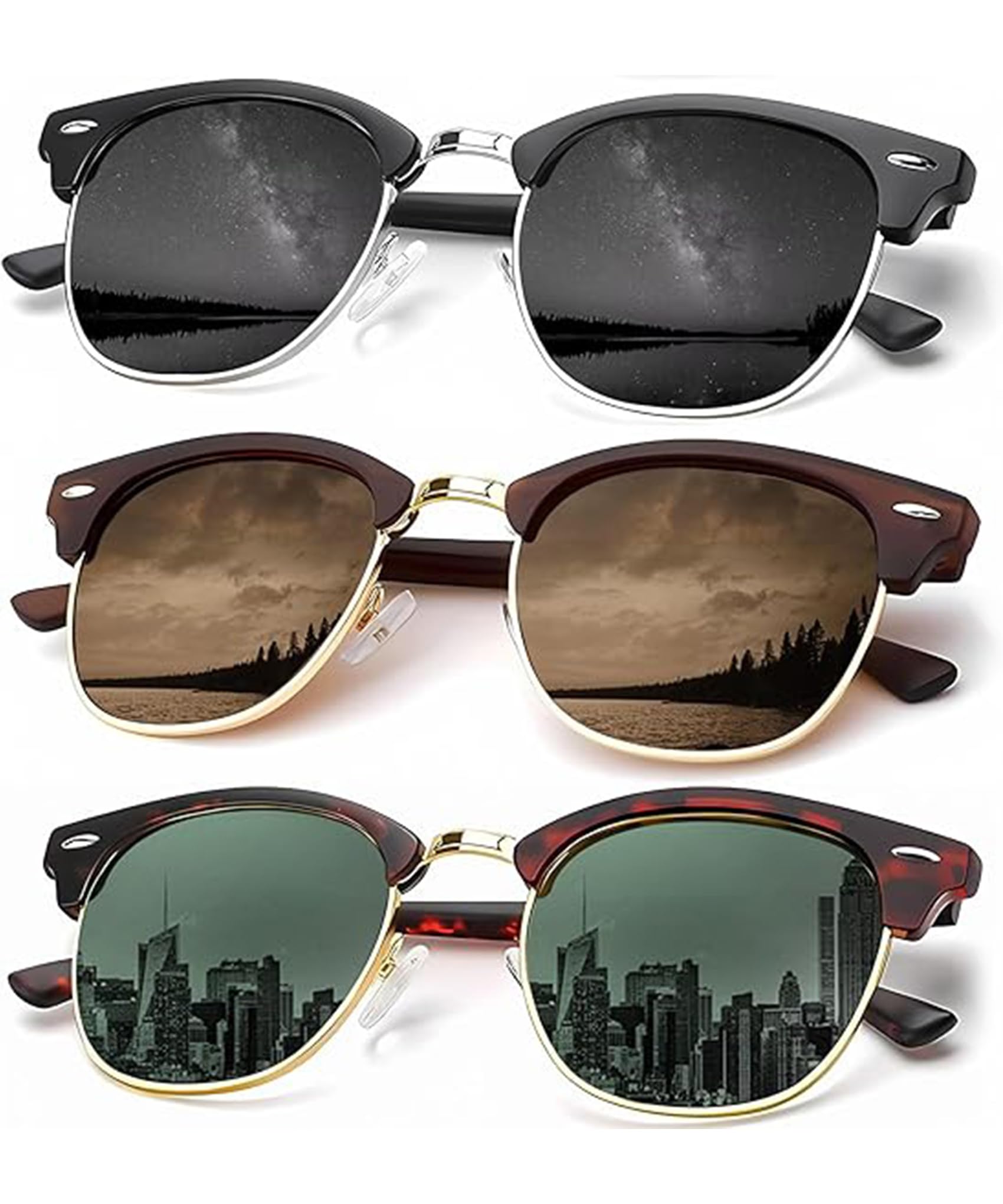 Polarized Sunglasses for Men and Women Mens Womens Sunglasses Semi-Rimless Frame Driving Sun glasses 3 Pack