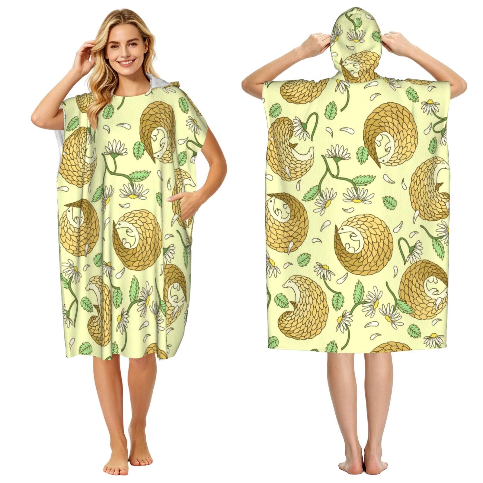 Poadnly Pangolins And Daisies, Adult Hooded Beach Towel 90 x 110 cm,Changing Bath Robe, Surf Poncho Towel For Women Men