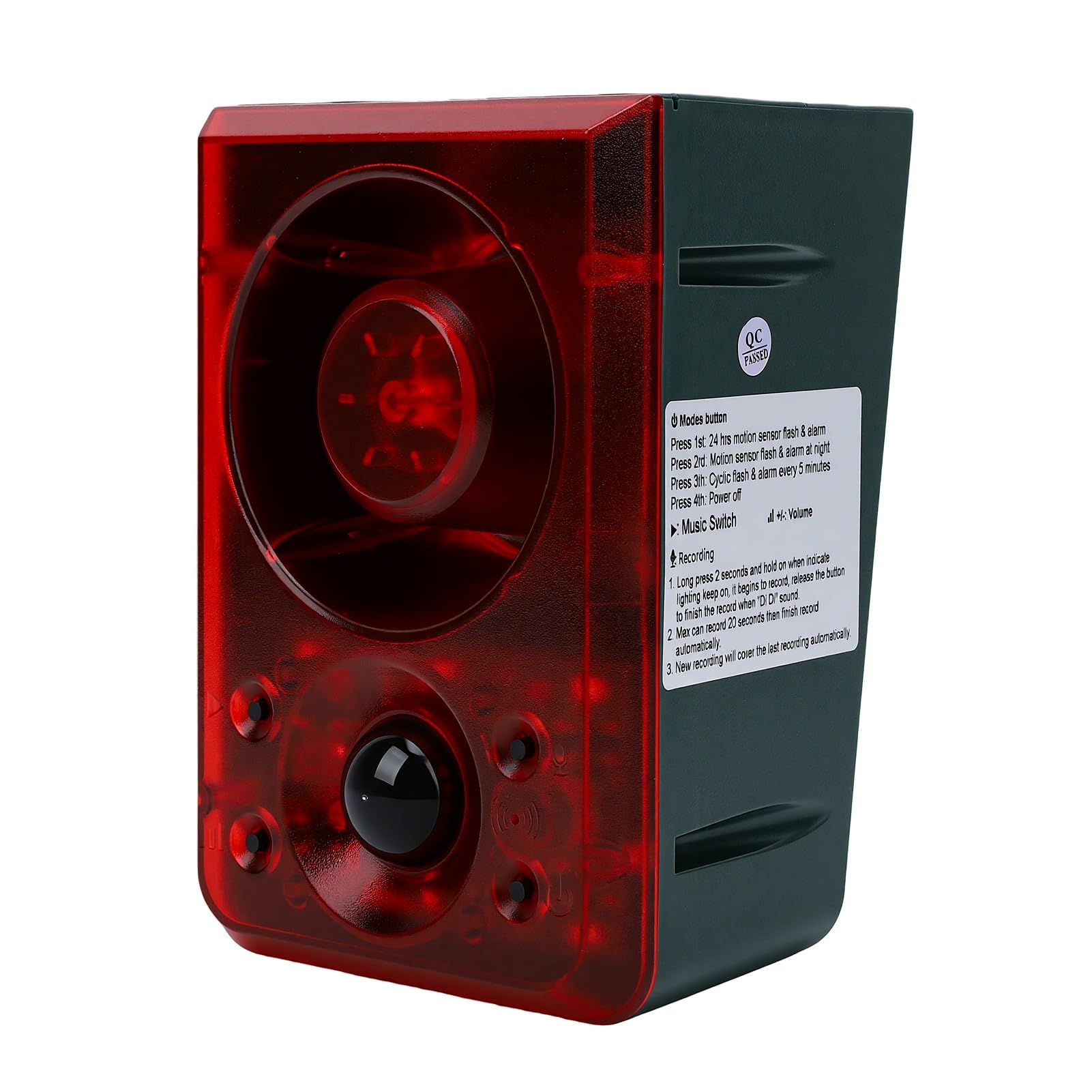 Allarme Solare con Sensore di Movimento, Sirena 130dB, | Custodia in ABS, Sicurezza per Frutteti, 13 Effetti Sonori, Registrazione Vocale, Ricarica USB, Deterrente per animali.