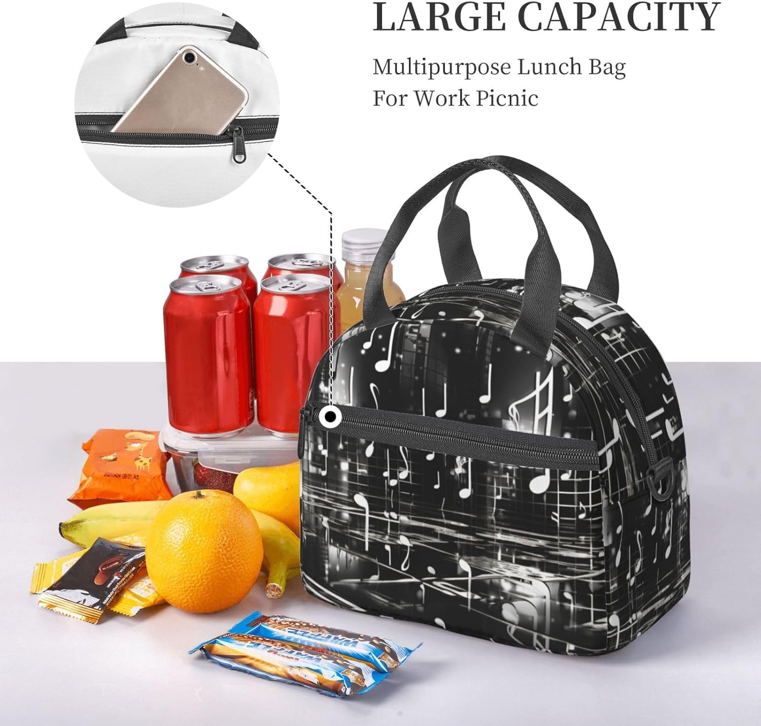 Music notes Print Reusable Lunch Bag Insulated Lunch Boxes for Office Work Picnic Tote Bag Adjustable