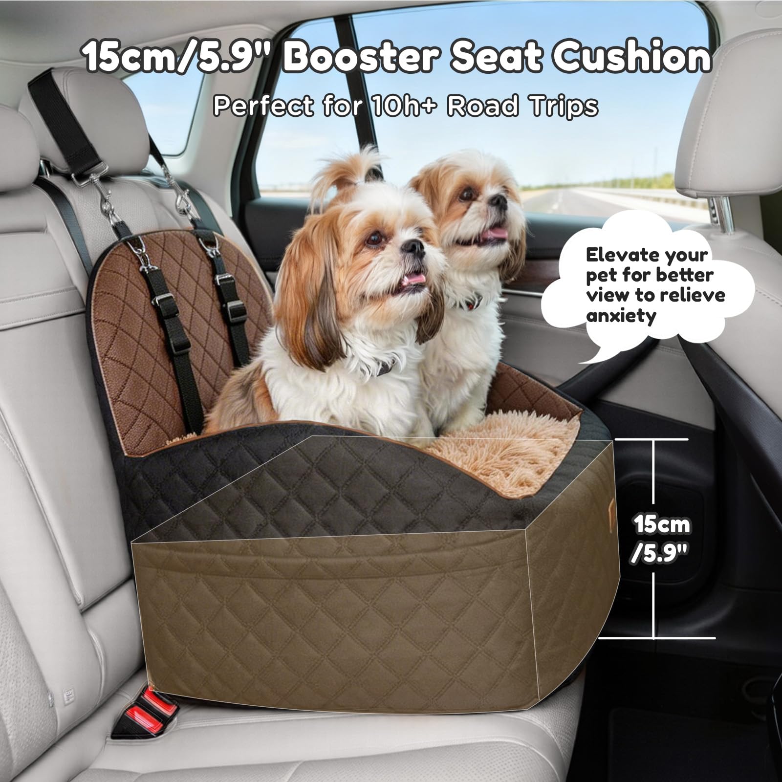 Gimars Réversible Siège Auto Chien Long & Court Peluche pour Petits/Moyens Chiens Jusqu'à 16kg, Amovible Lavable, Antidérapant, Panier Chien Voiture avec Mousse 28D 15cm, Ceinture De Sécurité, S-Brun