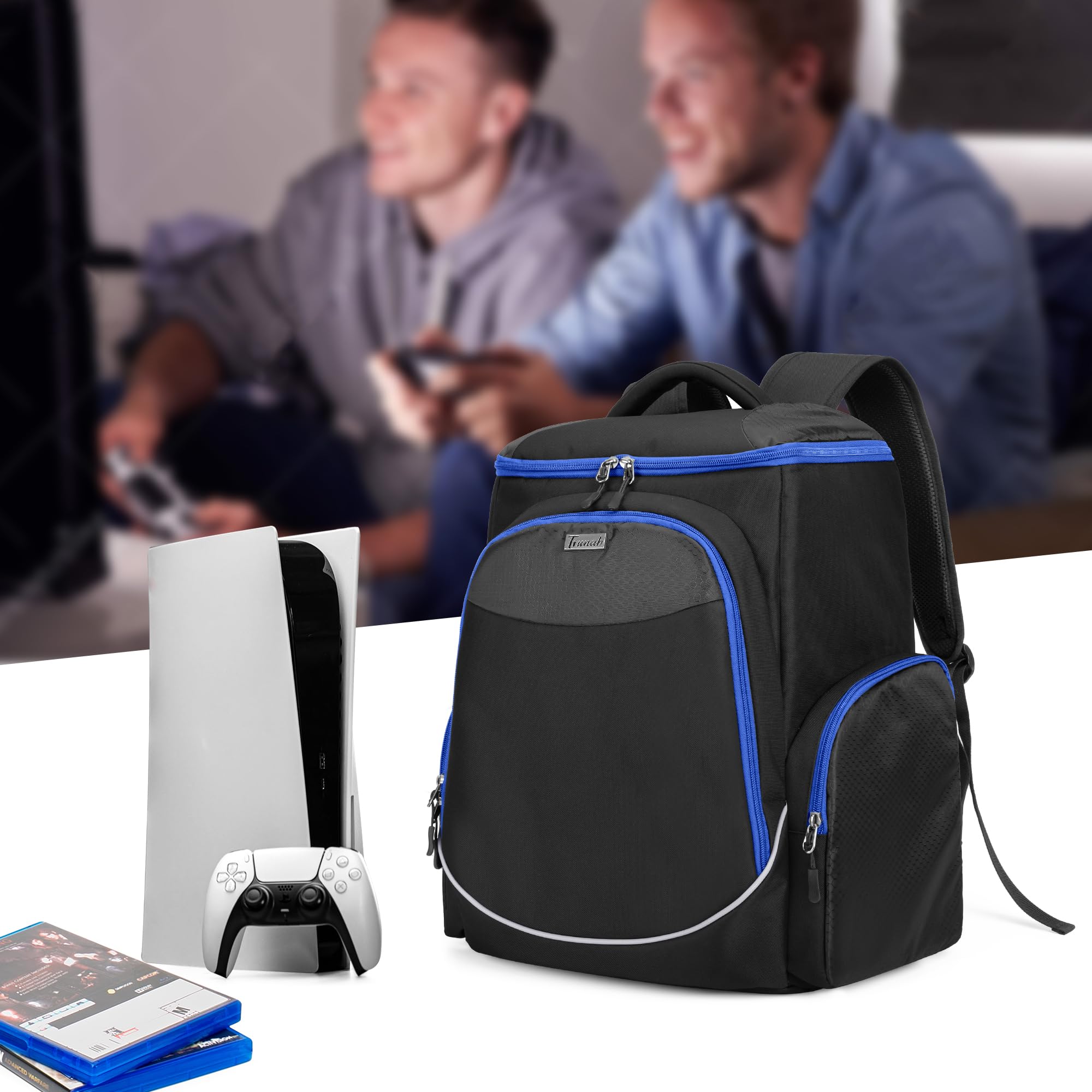 Trunab Plecak do gier wideo, do przechowywania, kompatybilny z PS5/PS4/PS5 Pro/Xbox/One/Xbox One X/S, torba podróżna z kieszeniami na laptopa 15,6" i akcesoriami do gier, niebieski