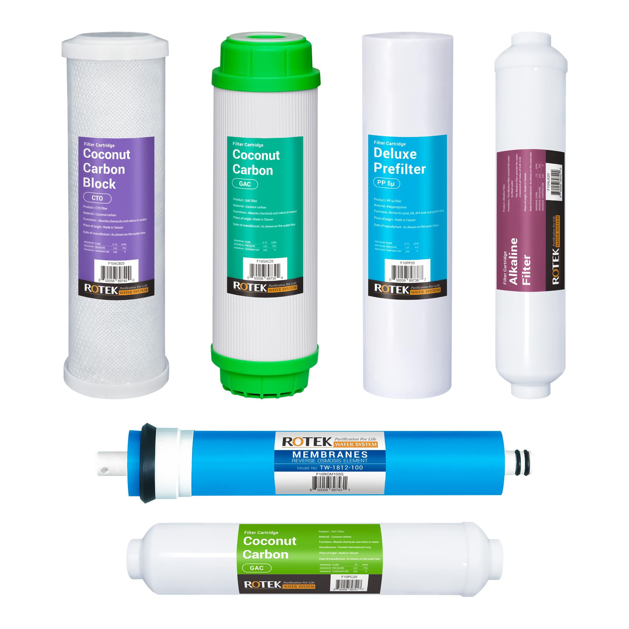 Rotek Reverse Osmosis Alkaline pH+ Water Filter Set | 6 Replacement Filters with 100 GDP Membrane | 6 Month Supply | Under Sink RO Water Filter | PP,