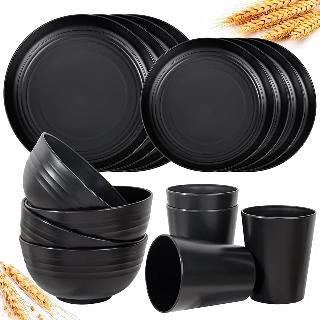 LIYH 16 Pcs Black Wheat Straw Dinnerware Sets Unbreakable Dinnerware for 4, Plastic Plates and Bowls Set Include Wheat Straw Plates Bowls Cups Dish Set for Kitchen&Camping