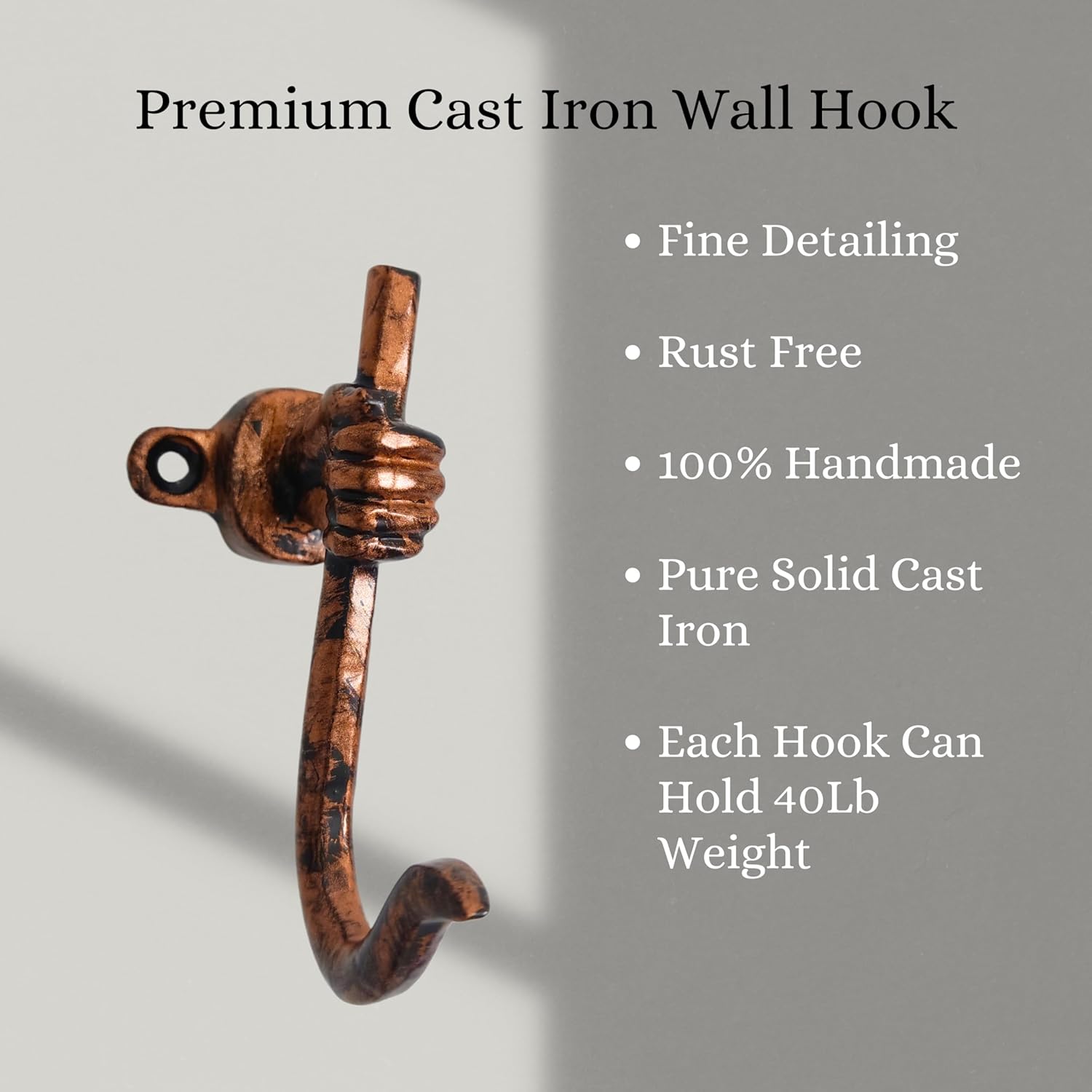 Set of 3 Cast Iron Unique Hand Hook Shape Coat Hooks Wall Art Decor-Hand Shape Hangers and Key Holder-Clothes Rack and Backpack Hanger-Coat Hooks Home Decor for Storage, Living Room (Copper Antique)