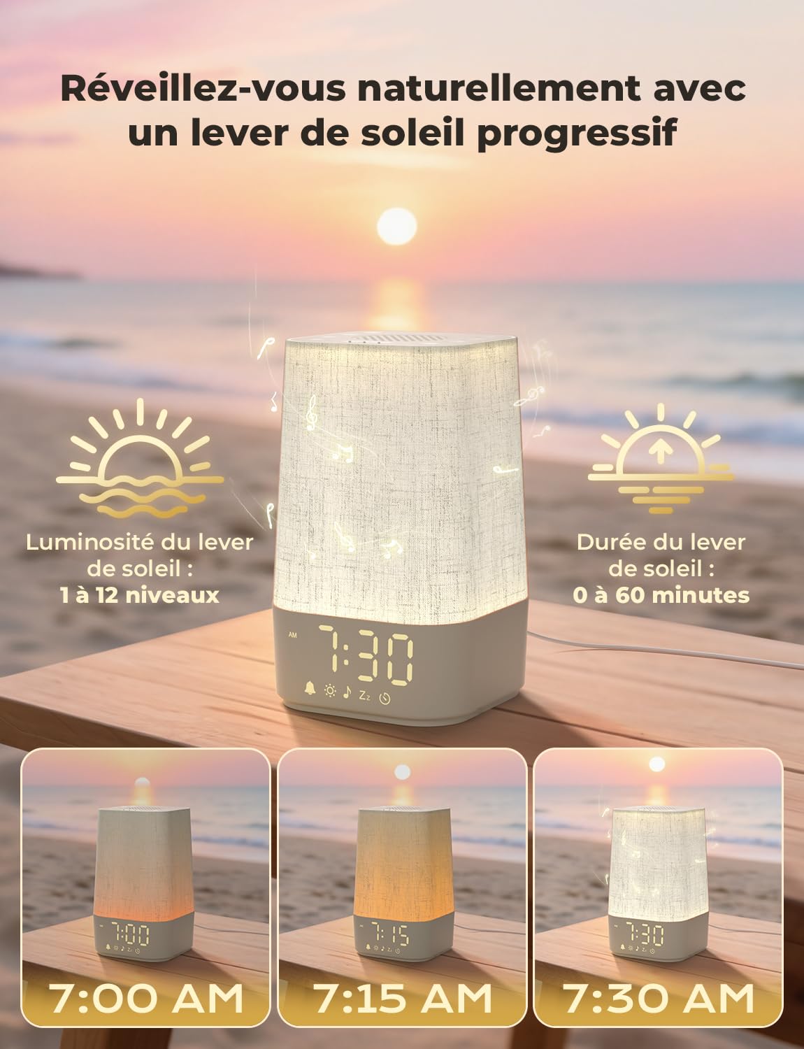 LIORQUE Réveil Lumineux Simulateur d'Aube, Lampe de Chevet LED avec 30 Sons, 13 Niveaux de Luminosité
