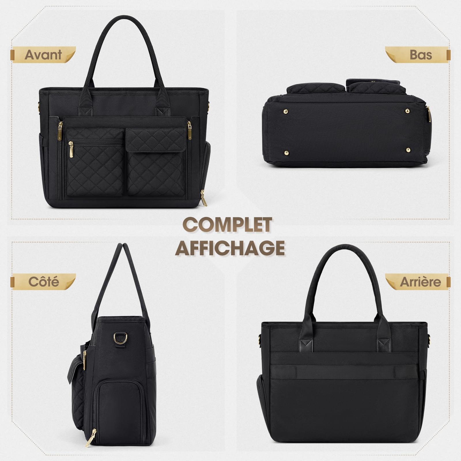 RAINSMORE Sac Enseignant Sac Ordinateur Femme 15,6 Pouces avec Compartiment Isotherme Grand Sacoche Cabas de Travail pour Infirmière Bureau Université Noir