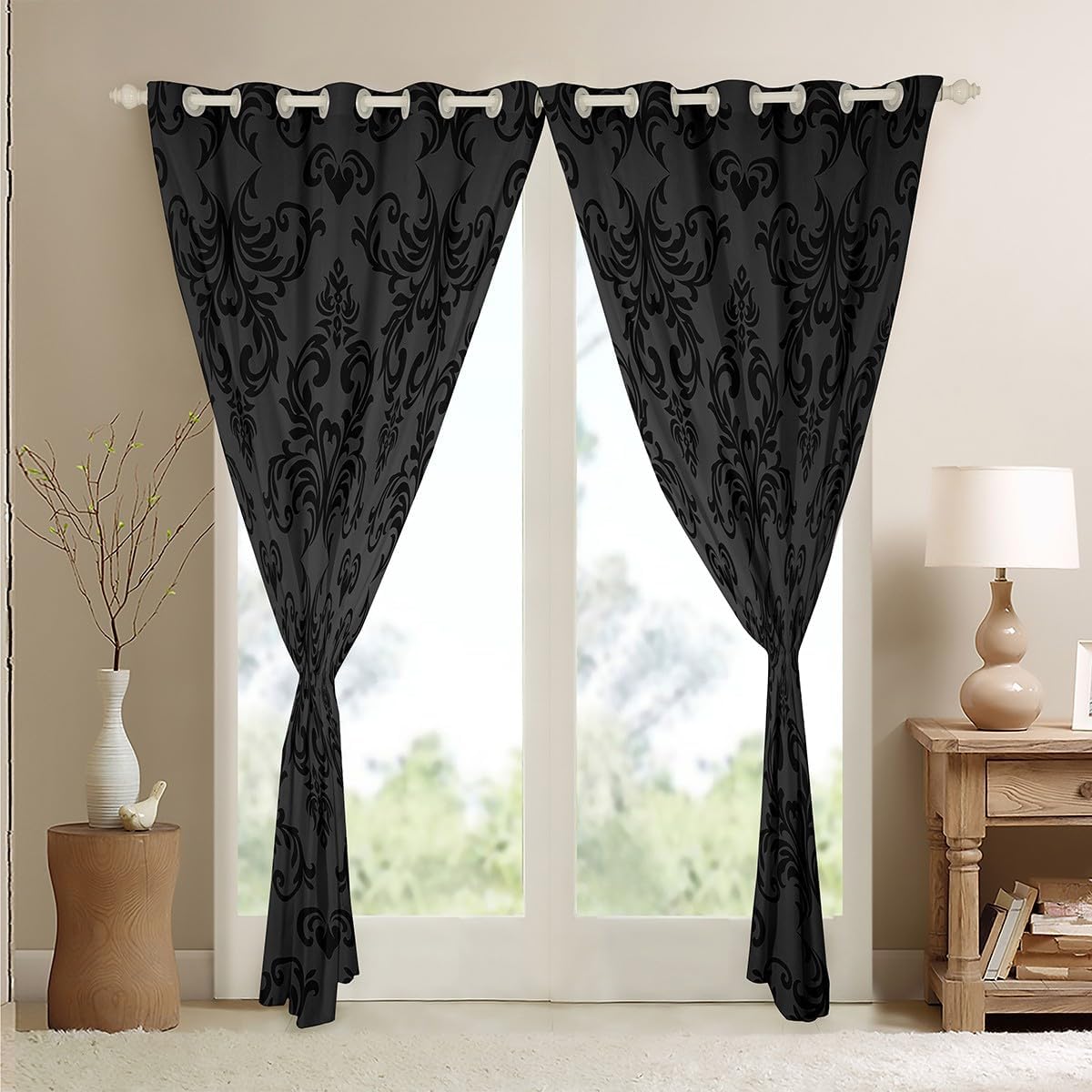 Feelyou Jacquard Damask Window Curtains for Bedroom Living Room Damask Floral Curtains Blackout Boho Window Drapes Black Grey Window Treatments 52W X 63L,2 Panels