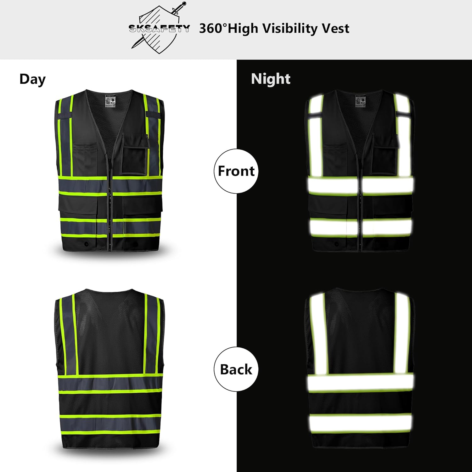 SKSAFETY 10 Pockets Safety Vest, Class 2 High Visibility Security with Zipper Back Mesh, Hi Vis Vest with Reflective Strips, ANSI/ISEA Standard, Construction Work Vest for Men ＆ Women （Black, L） - Image 2