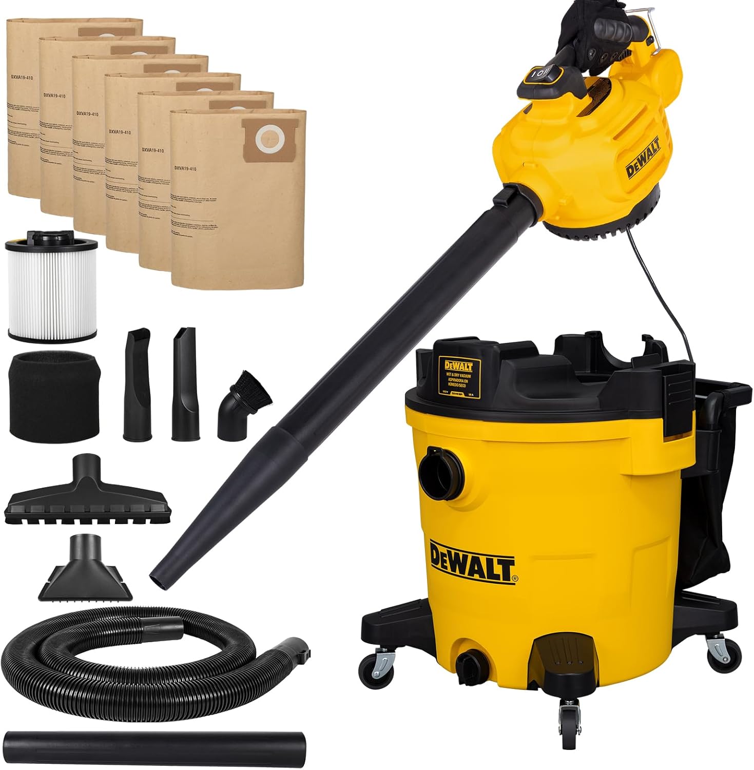 DEWALT Shop Vacuum Wet and Dry Vac with Detachable Leaf Blower, 12 Gal 3 in 1 Shop Vac Leaf Vacuum Cleaner with Bag 257-MPH 100-CFM for Home, Garage, Car, Workshop, Lawn, Yard, 5.5 Peak HP, DXV212PA