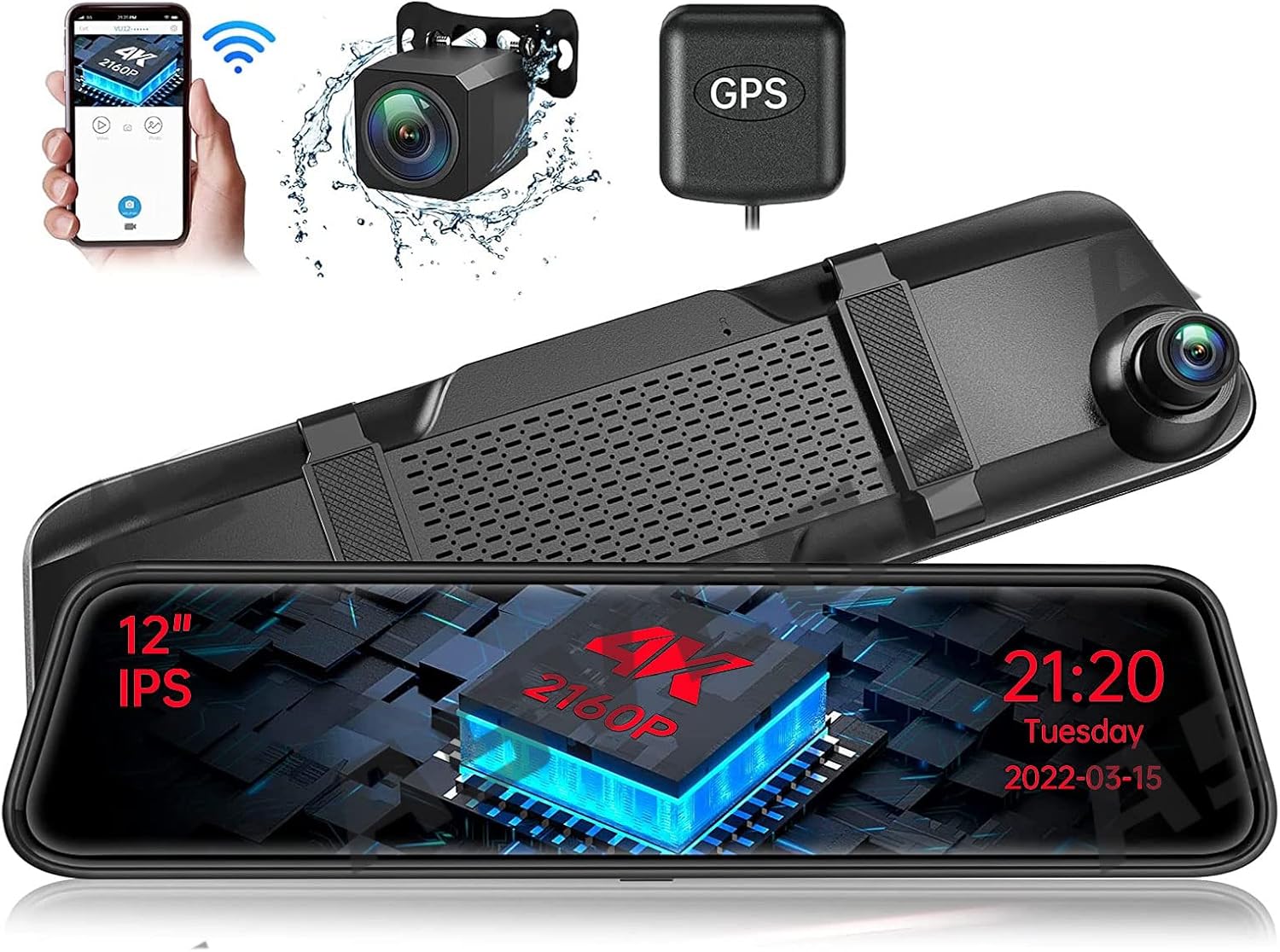 4K WiFi Mirror Dash Cam Touch Screen, ASVEGE 12" Front and Rear View Mirror Camera