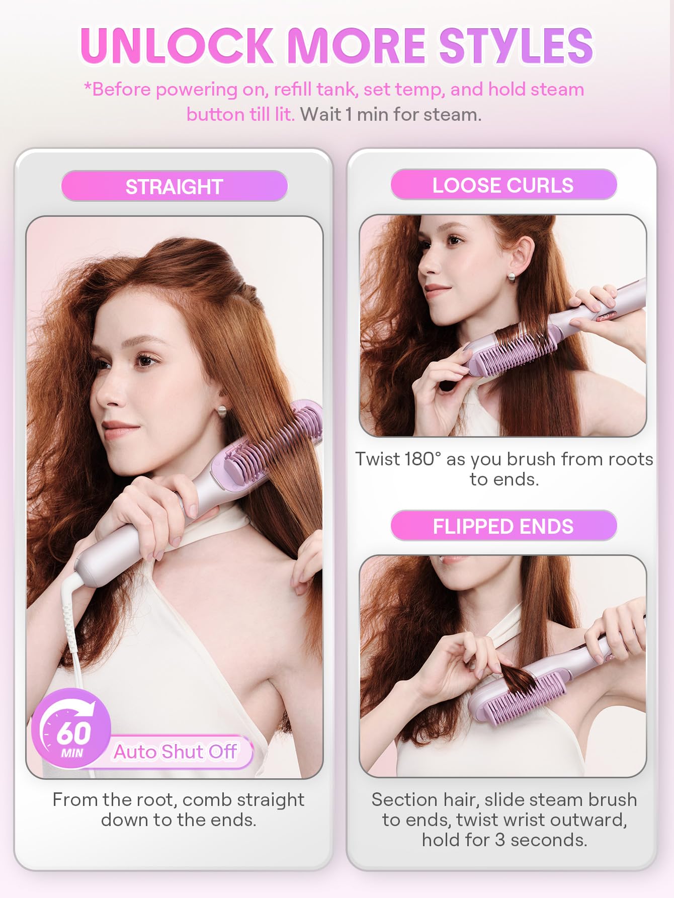 SHEGLAM Dampf-Glättbürste, 4-in-1 Heizkamm mit 3D-Kammzähnen, 3 Dampfstufen | Verbrühungssicherer Nano-Dampf, 3D-Kammzähne, 3 Dampfstufen, Schnelles Aufheizen, Verleiht Glanz, Weniger Hitzeschäden