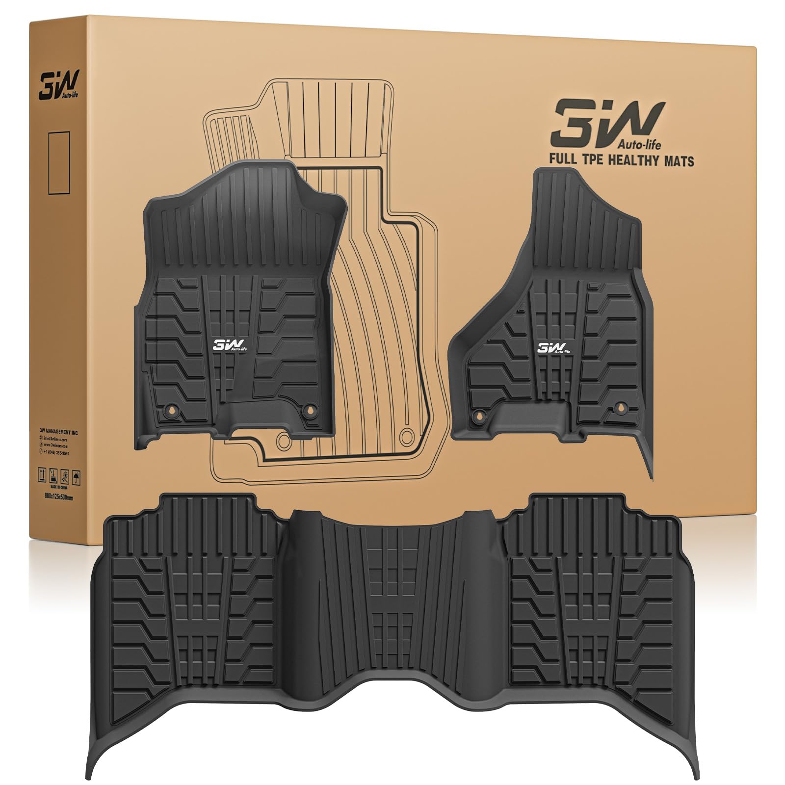 3W Floor Mats for 2019-2024 2025 Ram 2500/3500 Crew Cab with Bucket Seat (Not for PTO KIT Models), All Weather TPE Custom Fit Dodge Ram 2500/3500 Floor Liners 1st & 2nd Row, Black