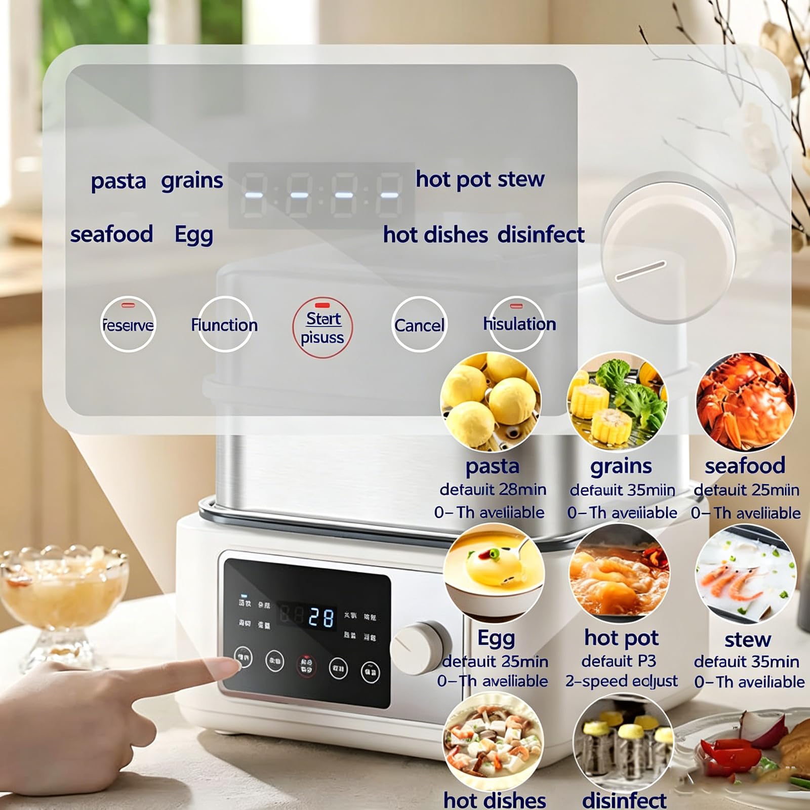 12L Elettrico Steamer Alimentare 1350W Acciaio Inossidabile, Smart Touchscreen con 8 preimpostazioni e 24H Timer, fornello Multifunzionale per pasti sani e Uso Domestico