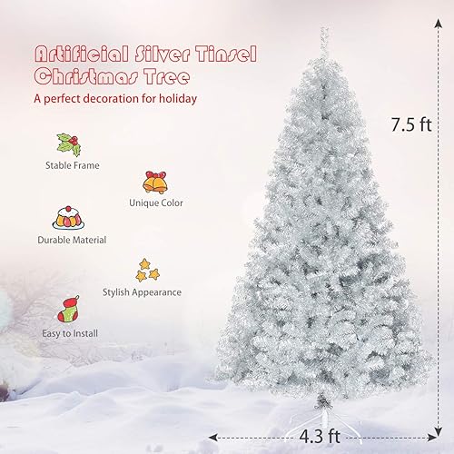 Miniatura 6 de Árbol de Navidad Happygrill, color plateado, altura de 7.5 pies, con 1258 puntas de rama, soporte de metal artificial con bisagras, para interior y