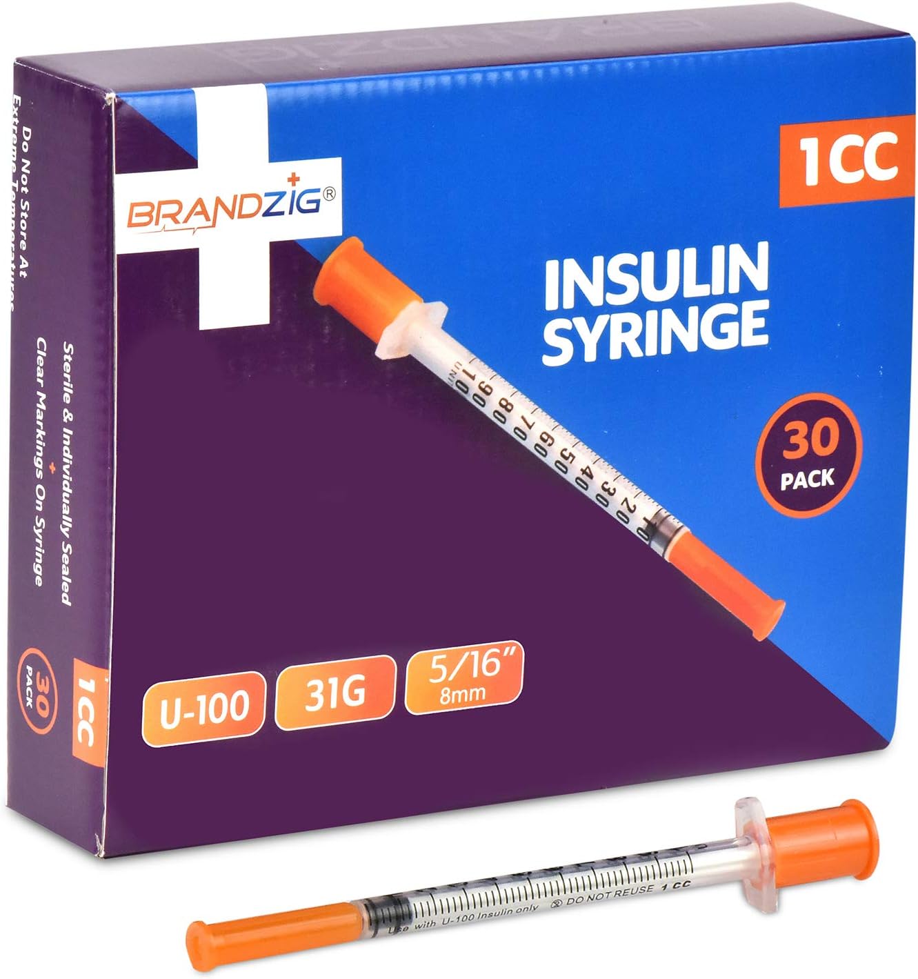 Brandzig Insulin Syringes 31G 1cc 5/16" 30-Pack