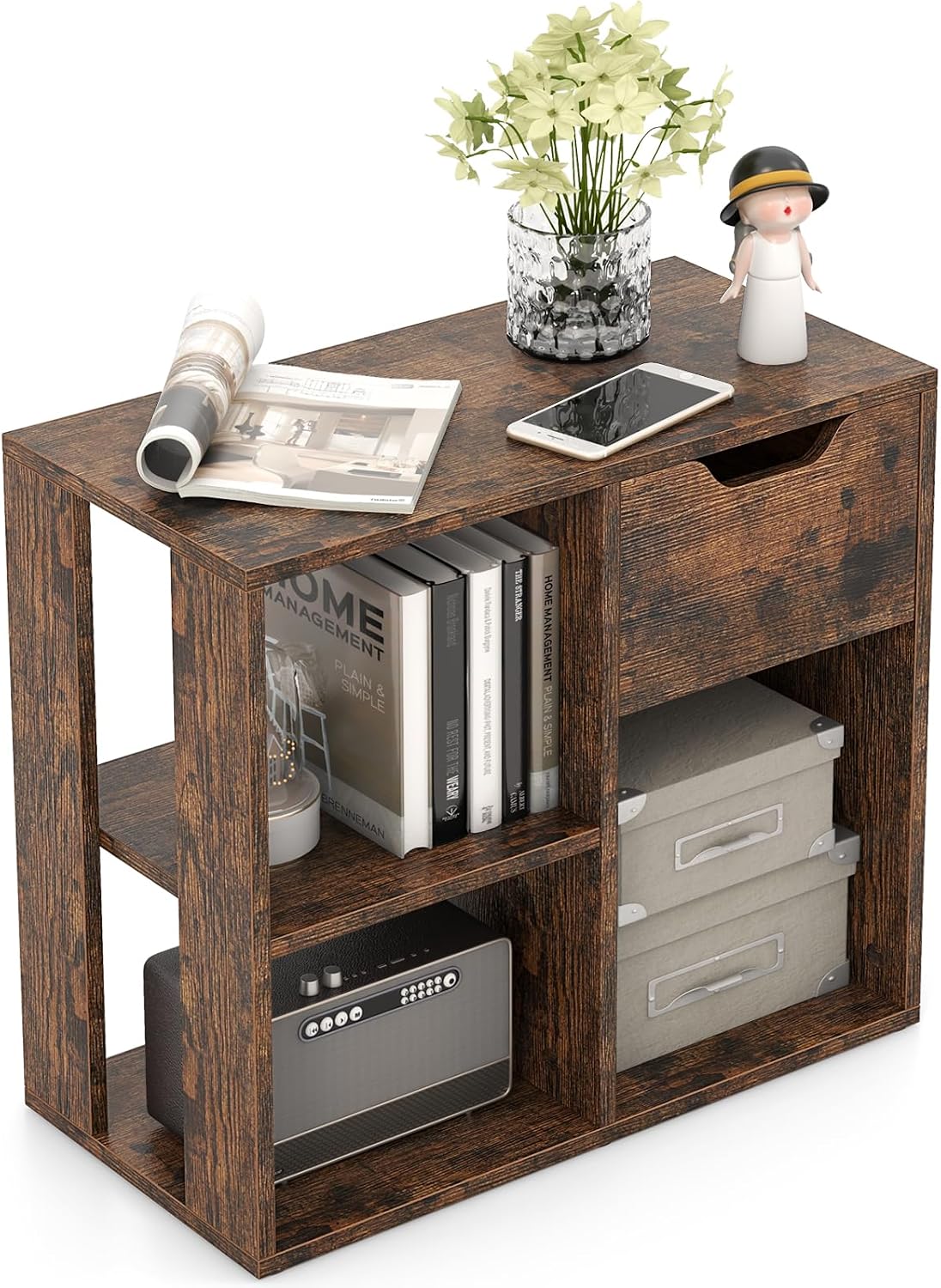 GOFLAME 3 Cube Bookcase with Drawer, Modern Simple Bookshelf Display Rack with 2-Tier Open Shelves, Multifunctional Cube Storage Shelves for Living Room, Bedroom, Rustic Brown