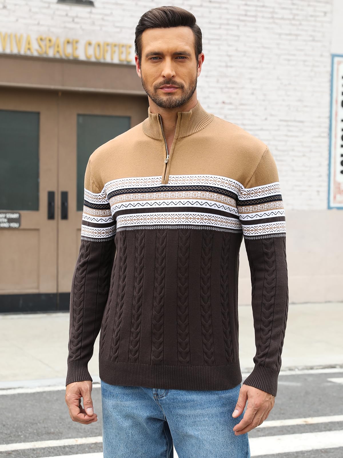 Genfien Pull Homme en Tricoté 1/4 Zip Pullover Sweater Pull d'hiver Manches Longues Chaudes Pulls pour Homme Tricoté Pull Chandails de Noël pour Hommes