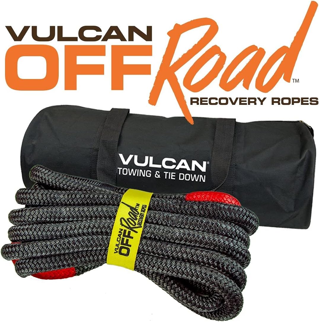 VULCAN Off-Road Recovery Rope - 7/8 Inch x 30 Foot - Red Eyes - 28,600 Pound Breaking Strength - Includes Vented Storage Bag