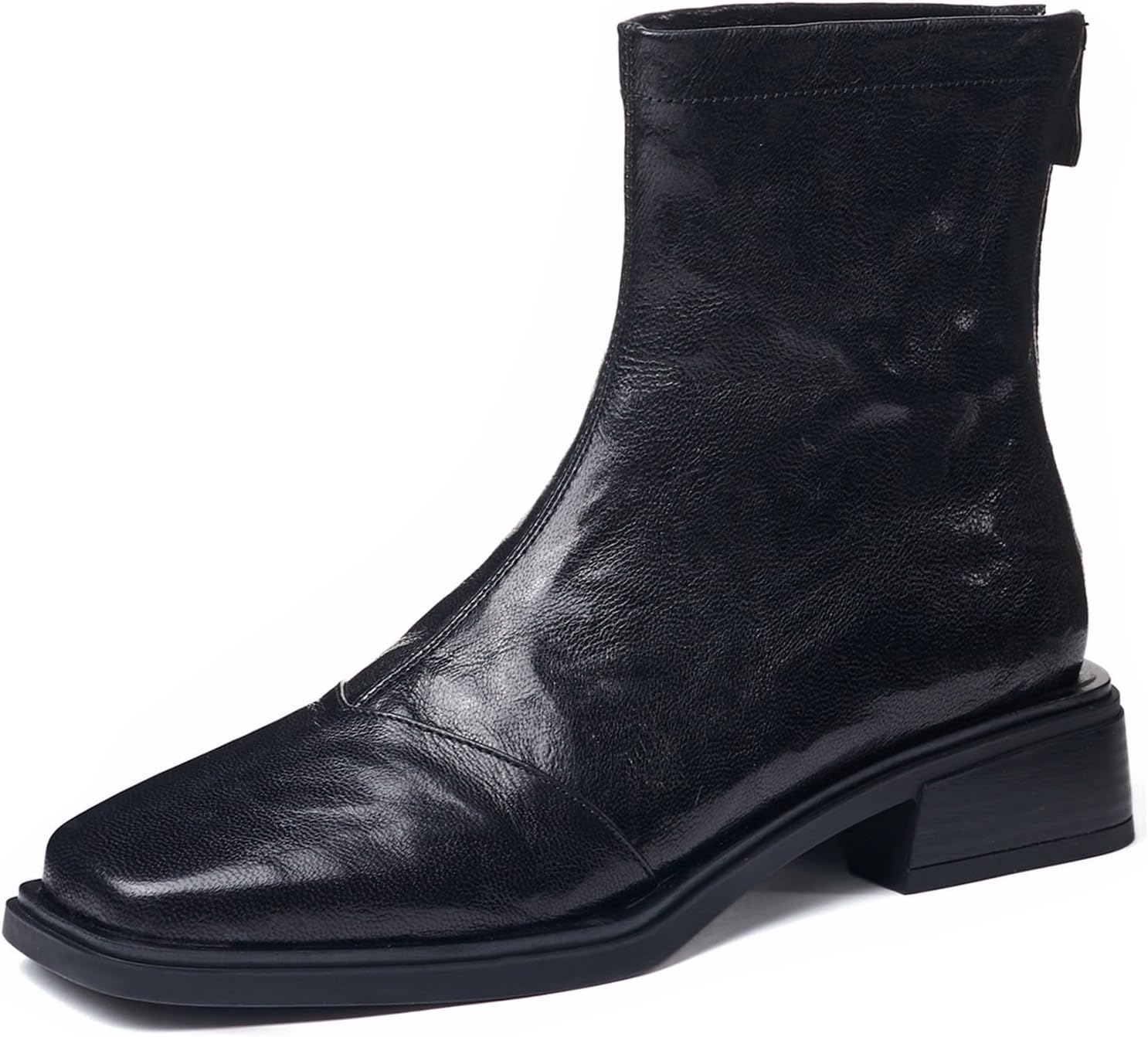 Women's Leather Square Toe Low Block Heel Ankle Boots with Back Zipper Retro Pleated Non-slip Dress Short Booties for Daily Work Dating