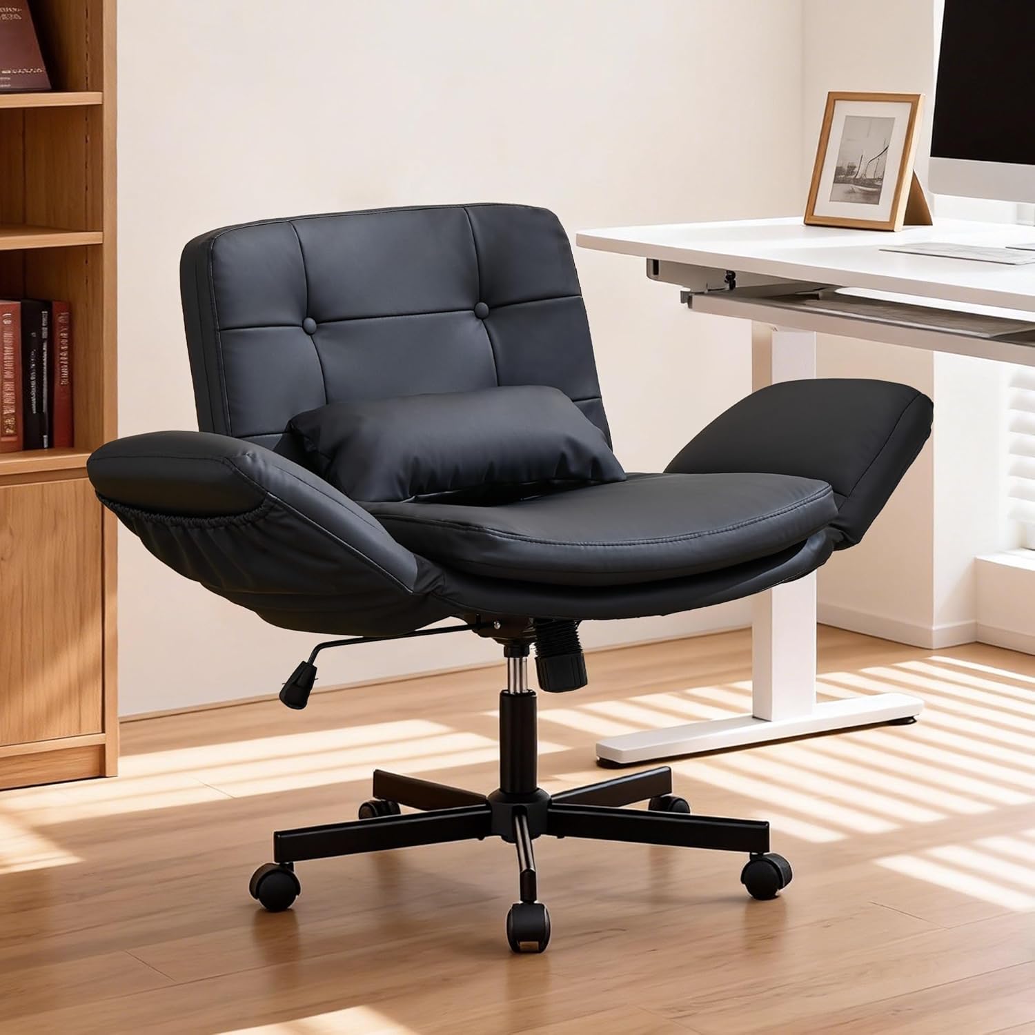 DRMBOOK Dual Layer Criss Cross Legged Chair, Comfy Rolling Office Desk Chair with Flip-Up Armrests & Wheels, Wide Swivel Vanity Chairs with Side Pockets for Makeup (Faux Leather Black, 1 Chair)