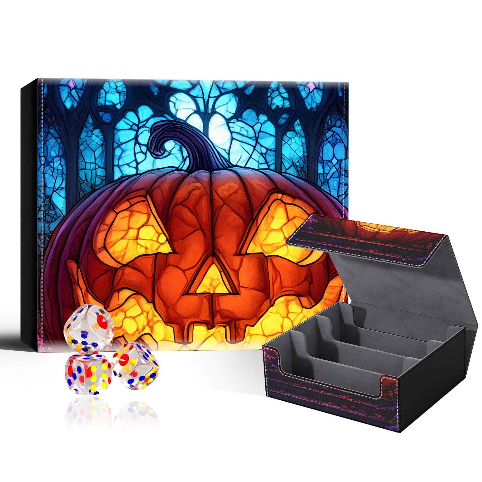 VOGDMKJG Trading Card Deck Box Fit 1800+ Single Sleeved Cards,PU Leather Magnetic Closure Card Storage Box With 3 Dice For MTG/TCG/PTCG/Magic/Sport Card Storage Case Large 3 ROW Design Pumpkin Owner