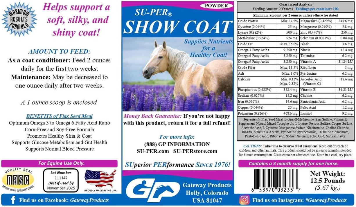 SU-PER Show Coat Supplement for Horses - Supports Soft, Silky, and Shiny Coat - Faster Mane and Tail Growth - Amino Acids, B-Complex Vitamins and Minerals - 12.5 Pound, 3 Month Supply