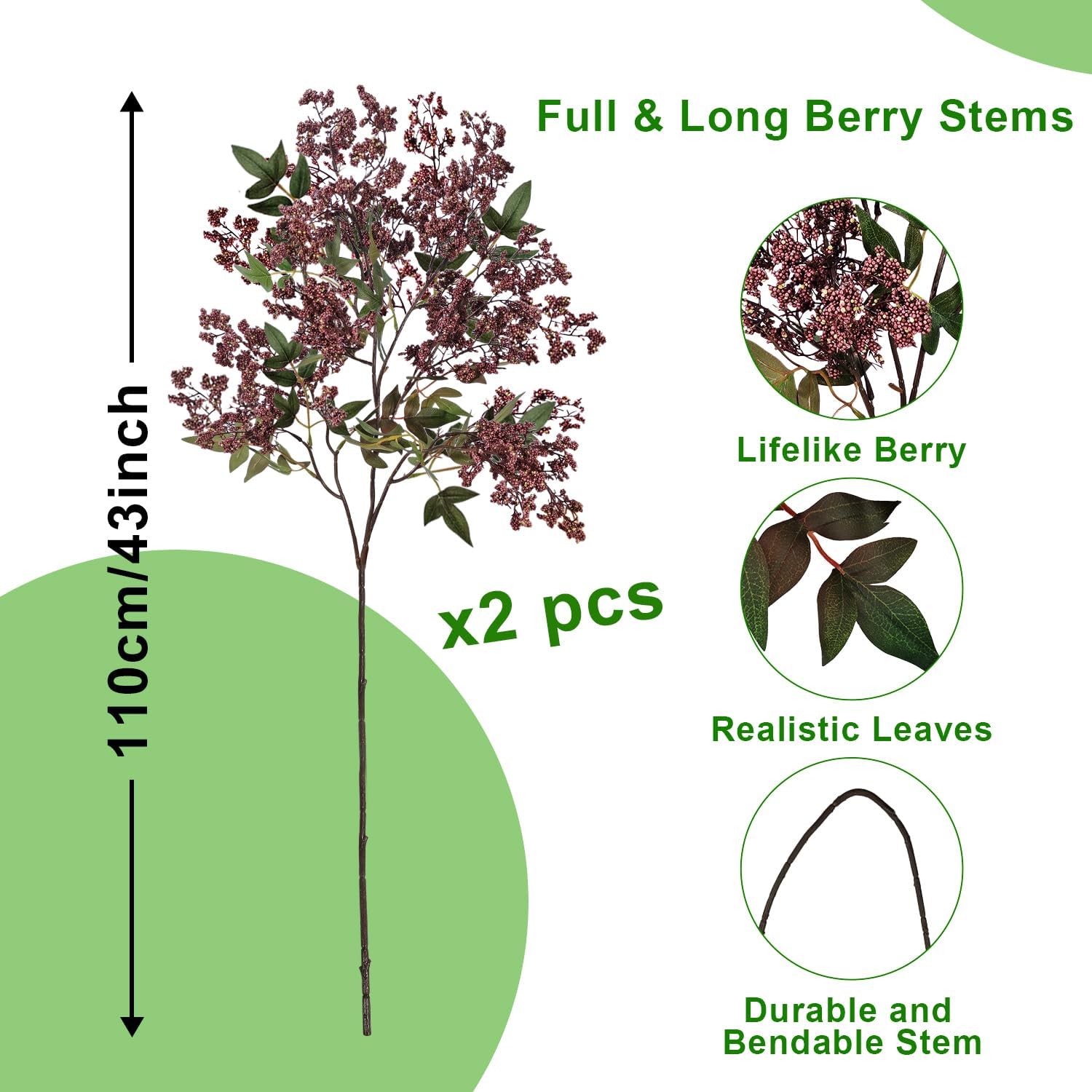 43 Inch Artificial Nandina Berry Stems for Vase, Realistic Fall Floral Stems Faux Fall Flowers Branches for Table, Farmhouse, Harvest, DIY Bouquet, Mantel, Home Autumn Decor, 2 Pcs (Greyish Purple)