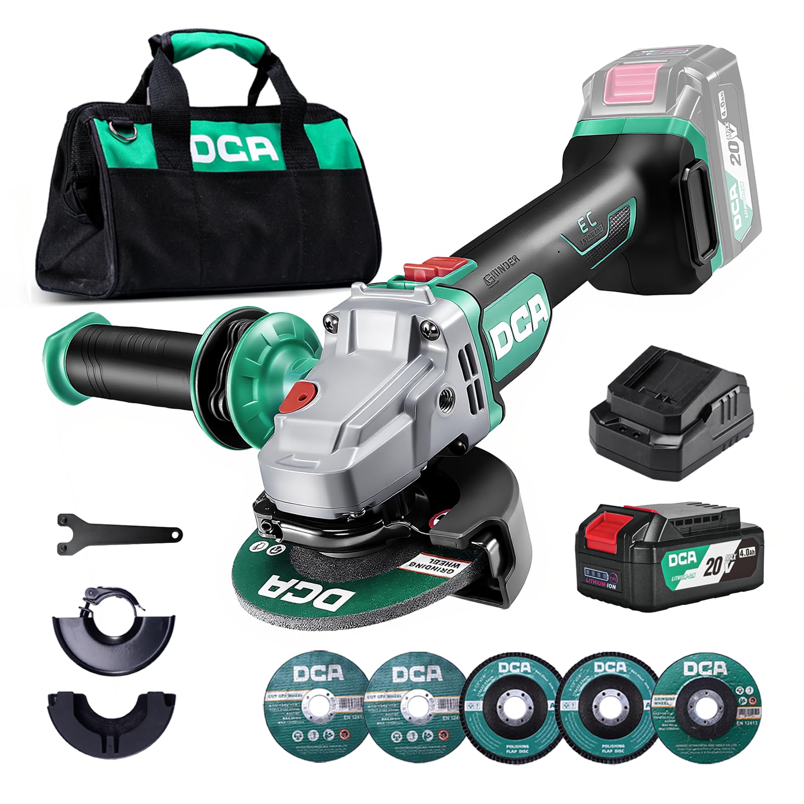 DCA Cordless Angle Grinder 4-1/2 inch, 20V Brushless Motor 8500RPM, Battery Grinder Tool-Free Guard, 4.0Ah Battery & Charger, Power Electric Cut Off Tool with 6 Discs for Cutting, Grinding, Polishing