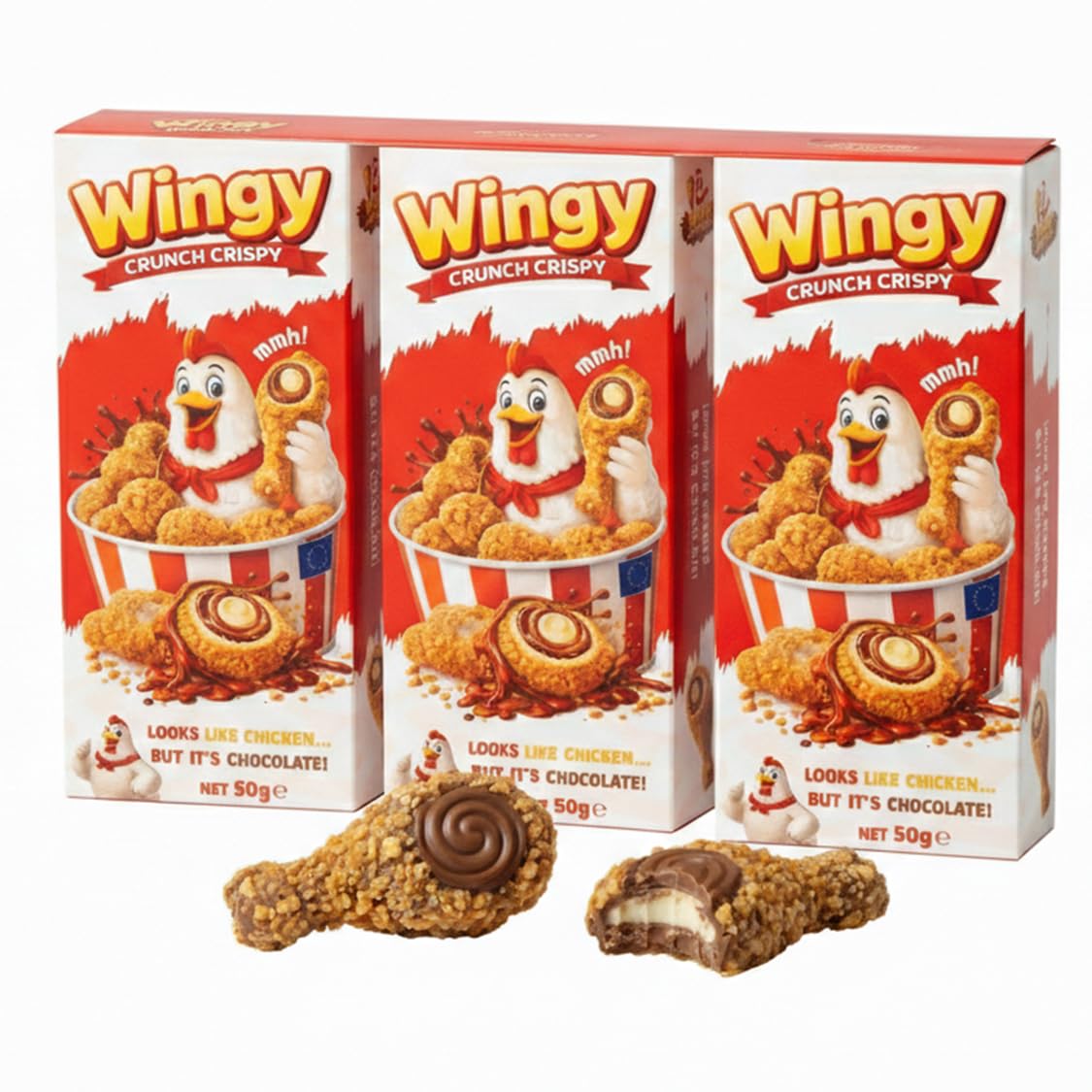 Wingy Crunch Crispy Schokolade 3er Pack (3 x 50g) – Knusprige Schokoladenpralinen im Chicken-Style – Looks like Chicken, but it’s Chocolate – Origineller Fun Snack
