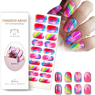 Semi Cured Gel Nail Strips with Colorful Gradient Designs Gel Nail Stickers Wraps Need UVLED Light Glossy Strips Salon Quality, Long Lasting for Women 20Psc