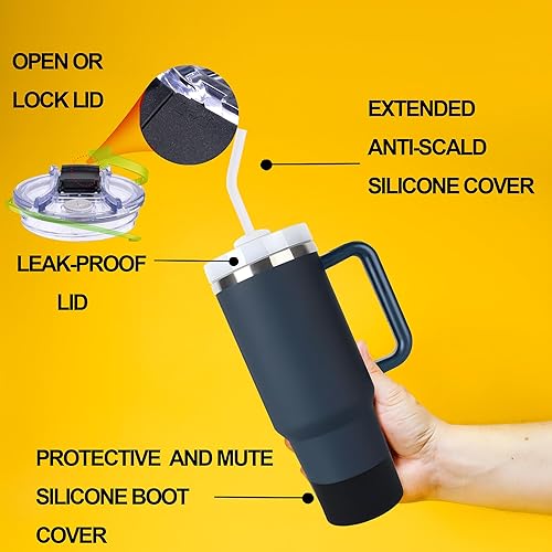 Miniatura 3 de Vaso de 40 onzas con asa y tapa con pajilla, botella de agua metálica de acero inoxidable Quencher grande con aislamiento térmico, con tapa a prueba