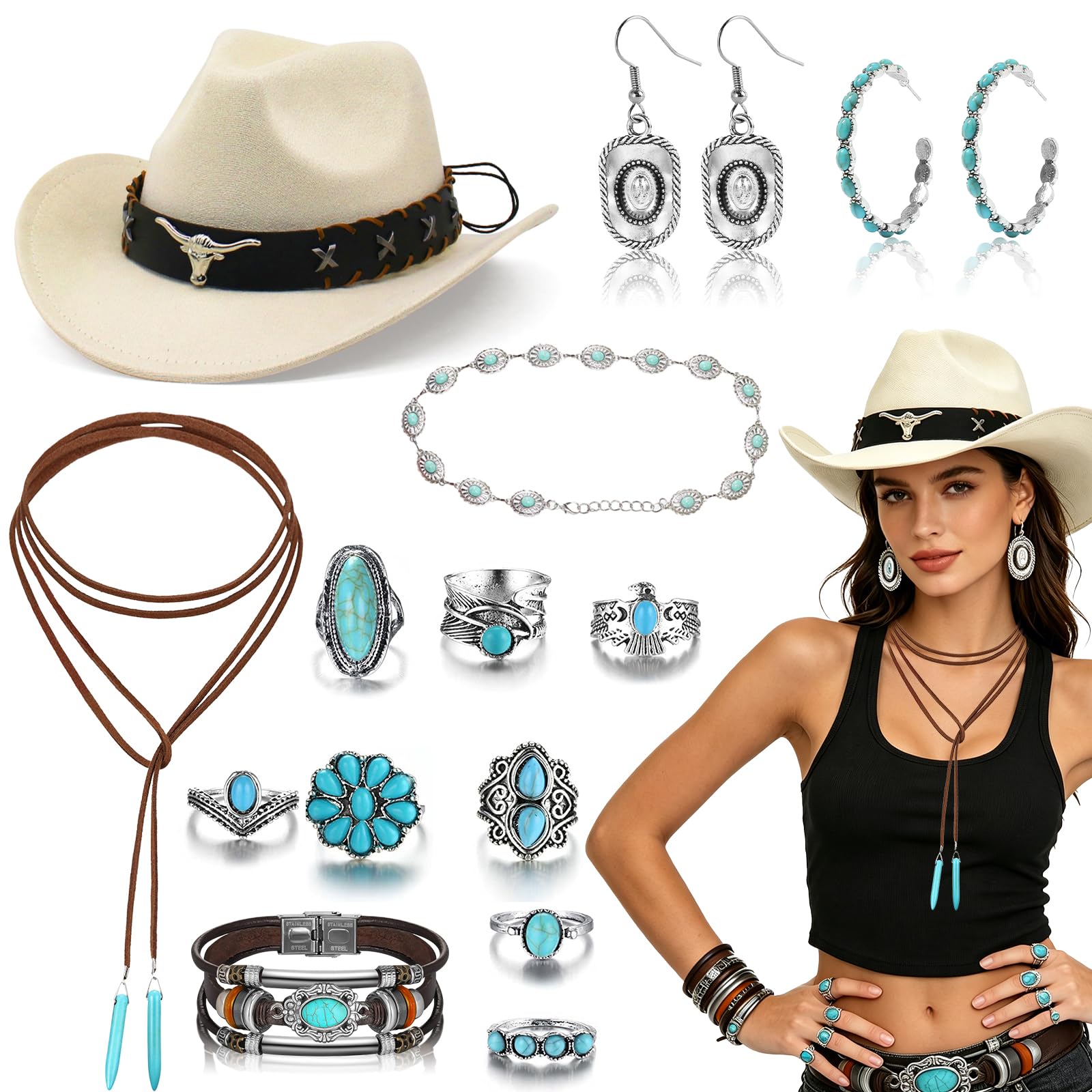 Lrrtdepy 14Pcs Western Cowboy Hat Set for Women Cowgirl Hat with Turquoise Necklace Earrings Rings Belt Vintage Boho Western Cowgilr Outfit Accessories for Festival Rodeo Party