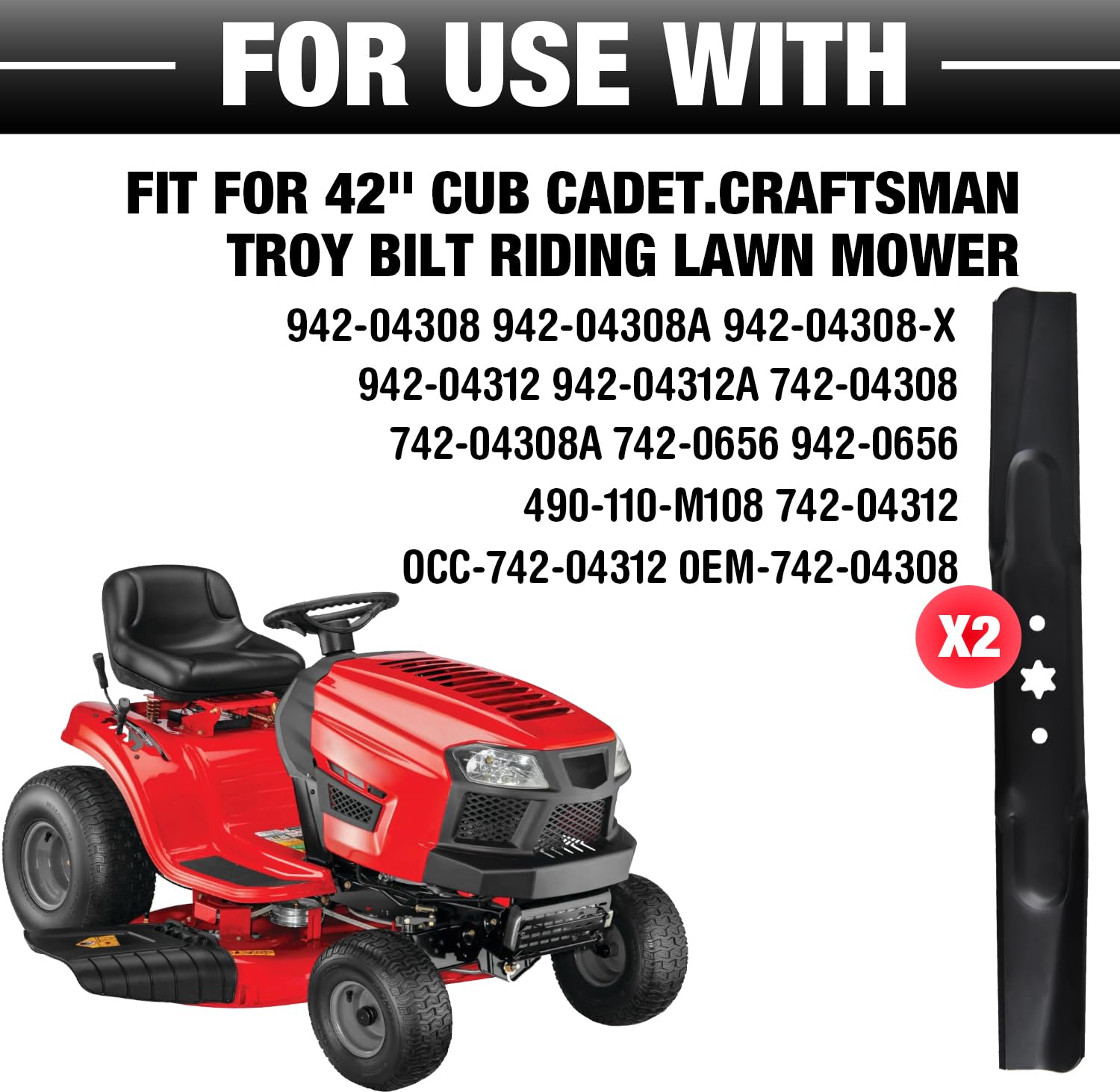 942-04308 - Cuchillas de alta elevación para cortacésped Troy Bilt Pony Bronco Mustang Zero Turn Cub Cade XT1 RZT42, repuesto para 942-04308 942-04308A 742-04308 742-04312 942-04312