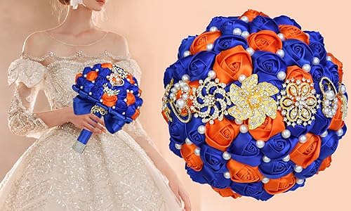 Miniatura 3 de XINNI Broche de oro de lujo de 8 pulgadas, ramo de boda nupcial, dama de honor, ramo de flores de satén con perlas, color azul marino y rosa