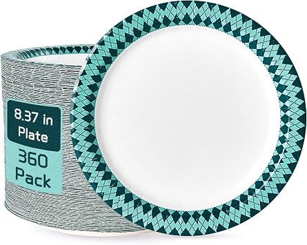 JOLLY PARTY Paper Plates Disposable, 360 Count 8.37 inch Dinner Plates, Soak Proof, Cut Proof for Everyday Use, Diamond Pattern Rim Design