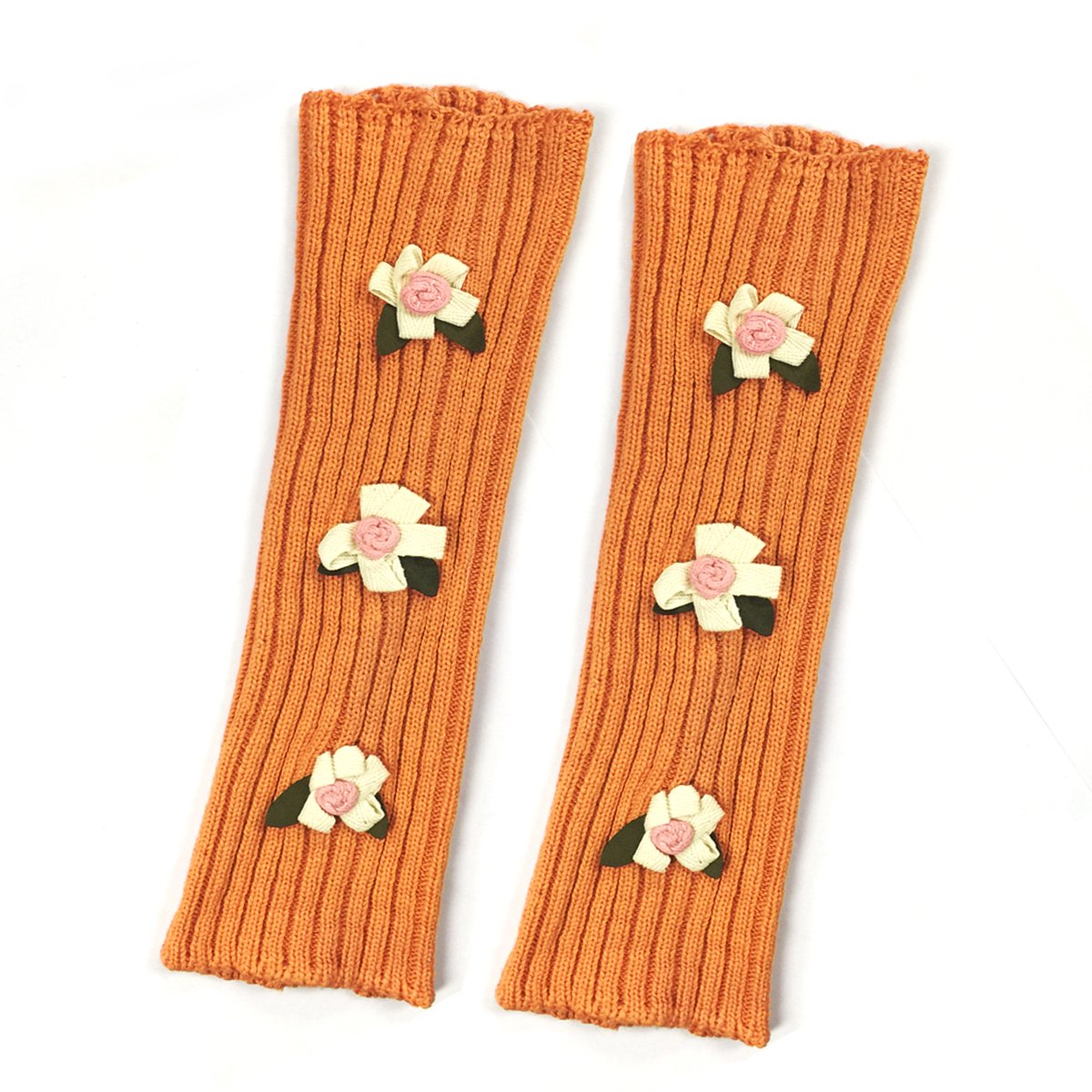 Bowbear Little Girls Ribbed Leg Warmers with Floral Stitching, Peach