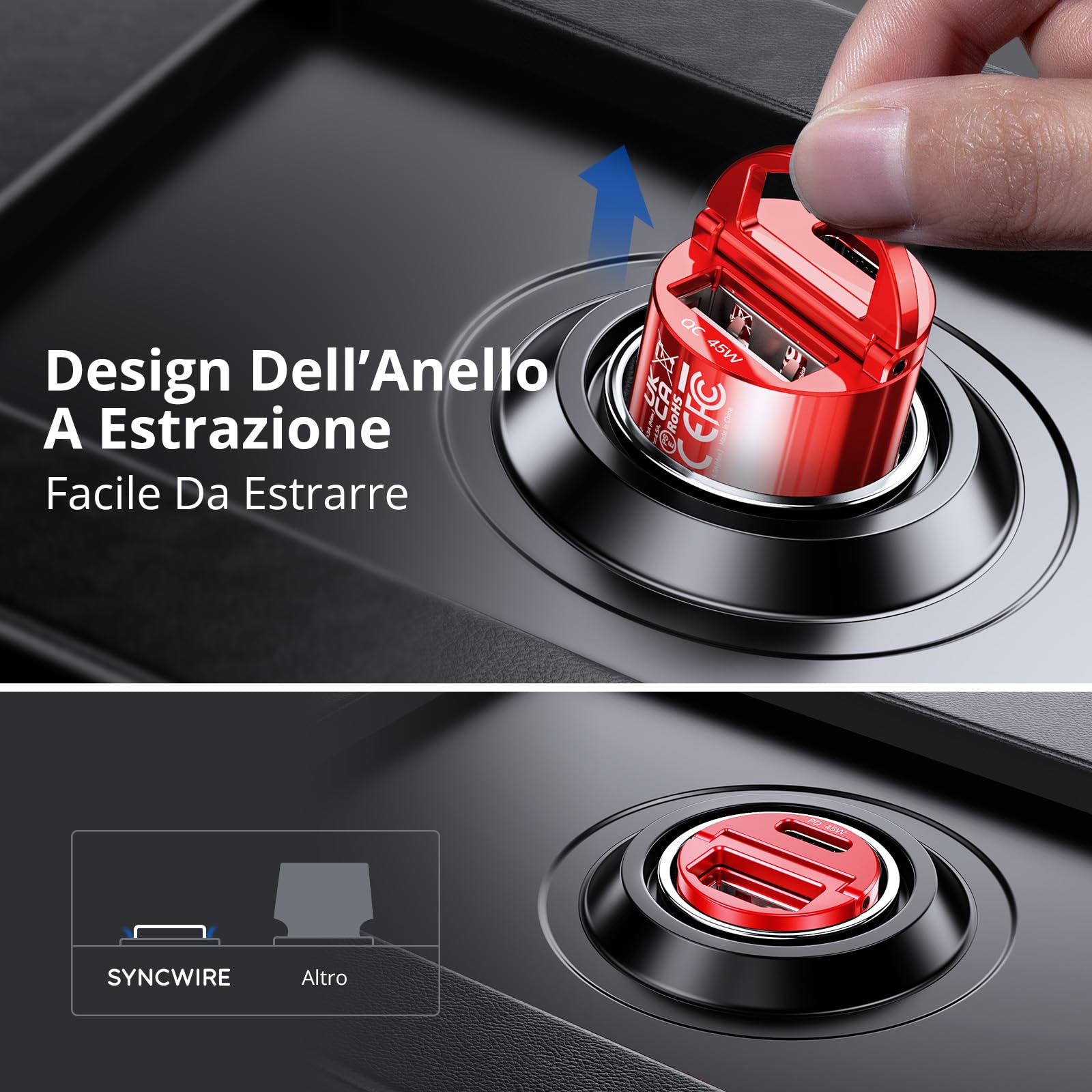 SYNCWIRE Caricatore Auto USB C - [Porta PD/PPS 45W & QC 45W] Fast Charge Caricatore Auto Ricarica Rapida Compatibile con iPhone 15 PRO Max/14/13/12, Samsung S23/S22, Google Pixel 7