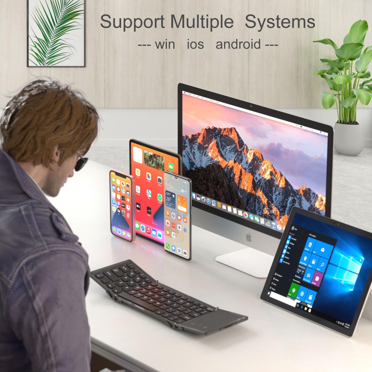 ROCK&ROWN Foldable Bluetooth Keyboard with Full-Size Touchpad,Portable Wireless Ultra Slim Pocket-Size Keyboard,USB-C Rechargeable for Android Windows iOS Tablet & Laptop - Black