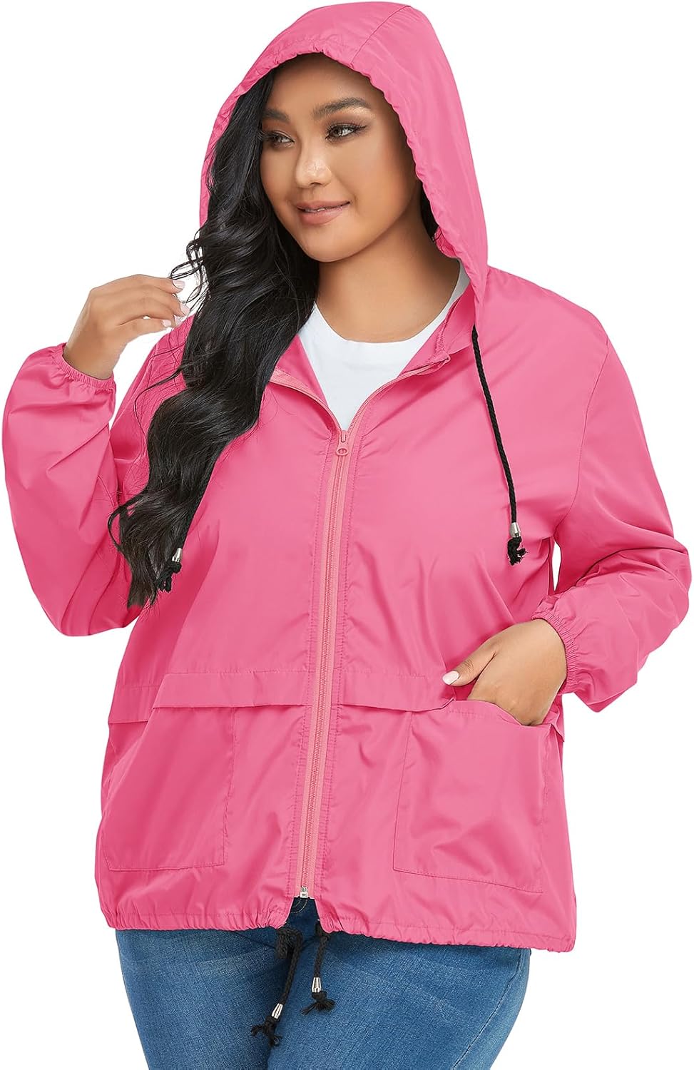 American Trends Women Plus Size Light RainCoat Jackets Packable Hooded Waterproof Windbreaker for Women - Image 6