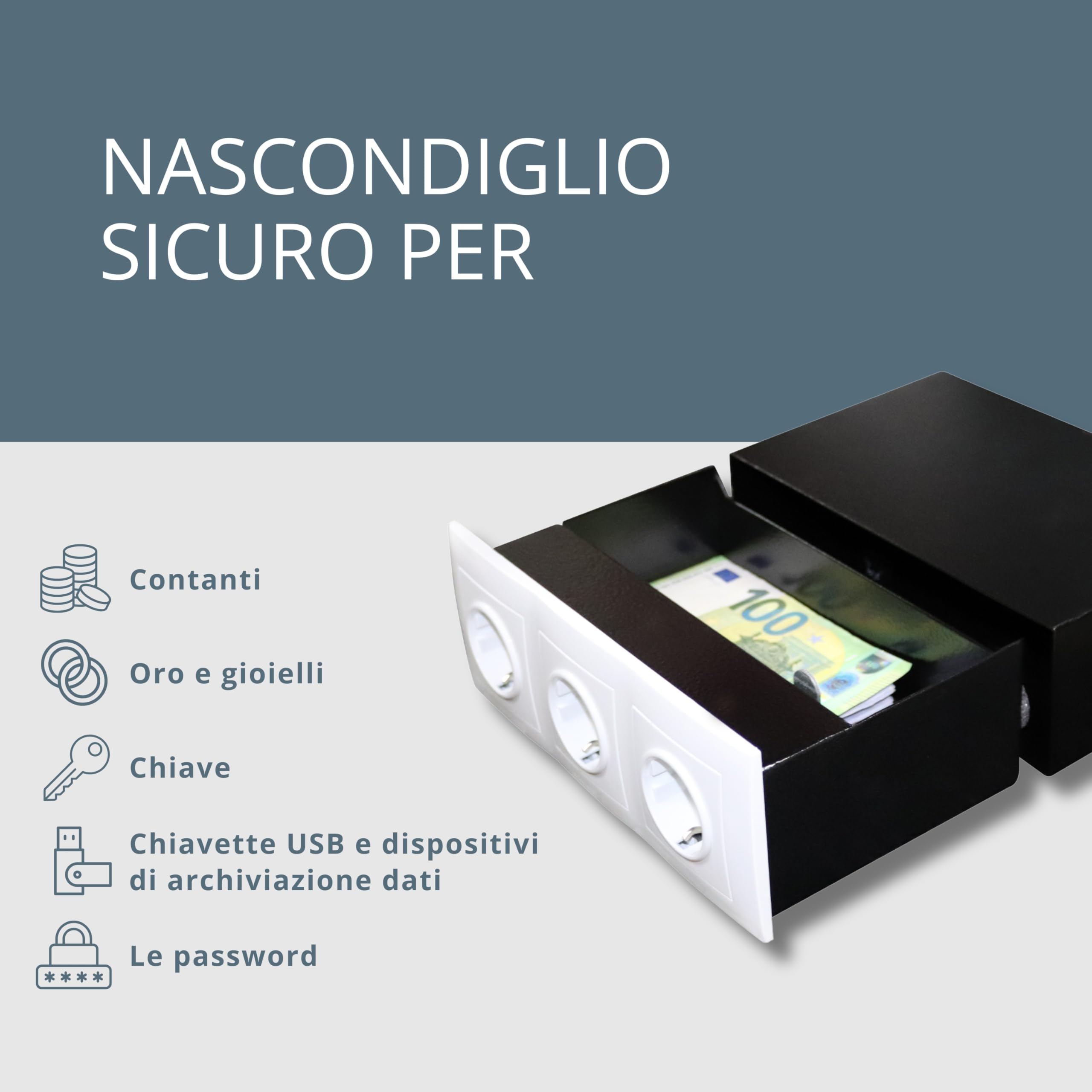 Cassaforte per prese elettriche, con 3 prese finte, pannello magnetico e serratura speciale, cassaforte da parete per conservazione invisibile, scomparto segreto per denaro, orologi e