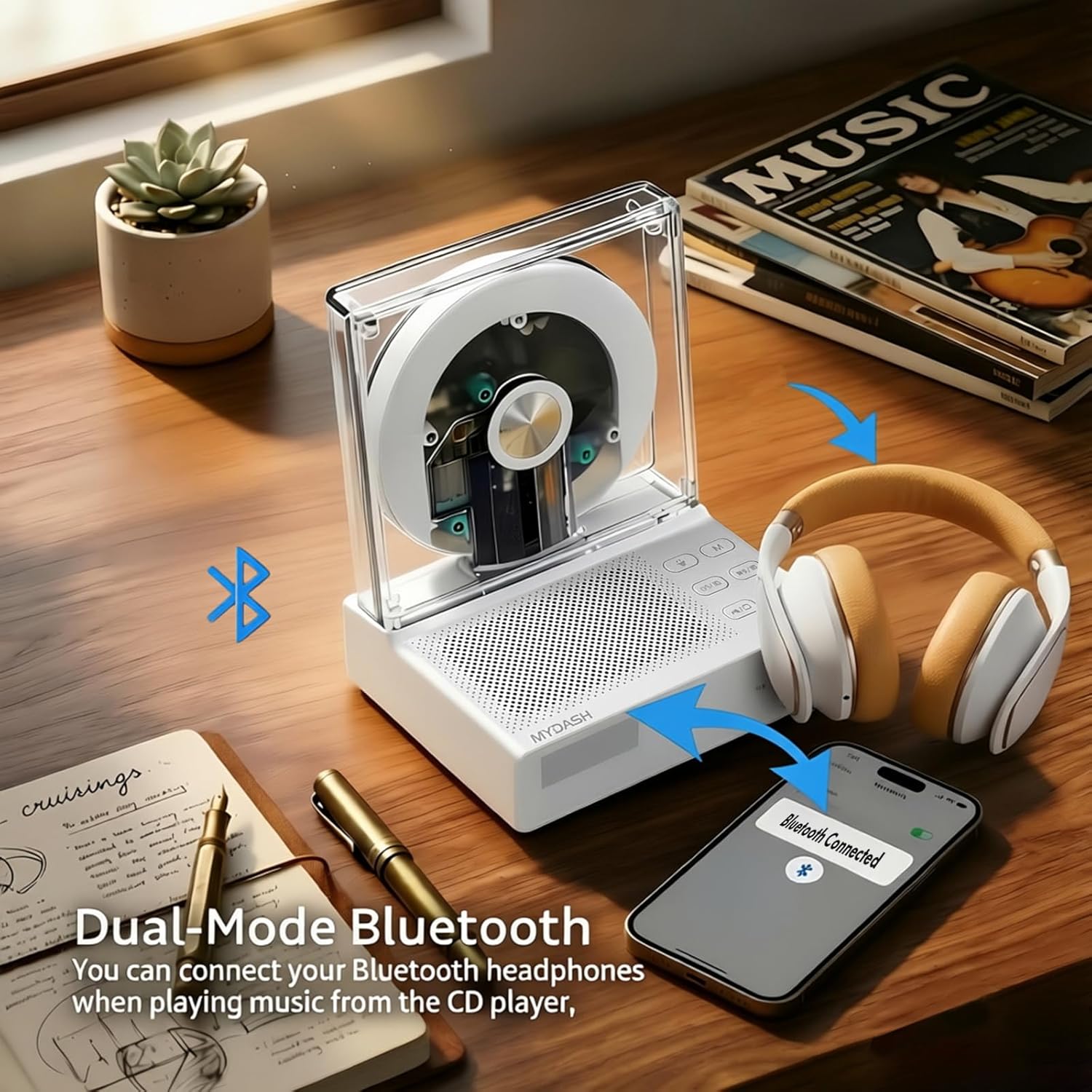 Mydash Desktop CD Player with Bluetooth 5.4 Transmitter & Receiver, FM Radio, Ambient Lighting, Sleep Timer, HiFi Speakers, Aesthetic Home Audio System for Kpop & Audiophiles, White