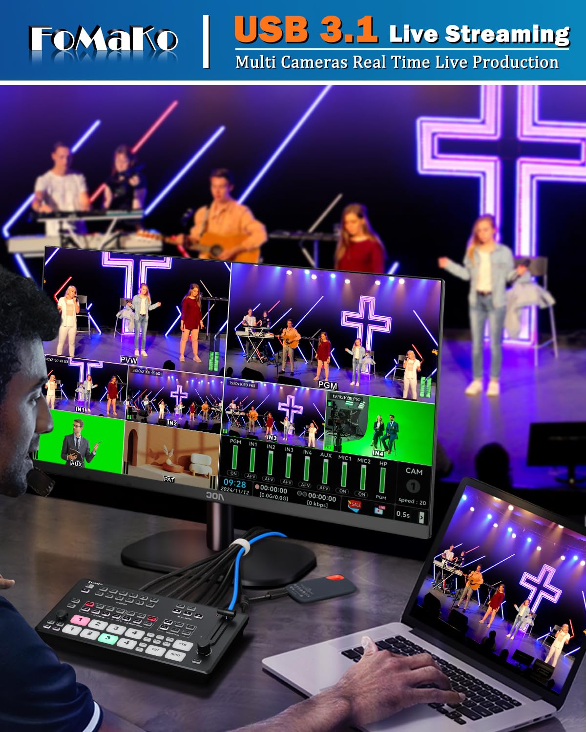 FoMaKo 4K HDMI Video Mixer Switcher, 5-Channel Live Streaming Switcher, 4K 60FPS Input, 1080p 60FPS Output, Support PTZ Controller, HDMI Video Switcher, M1