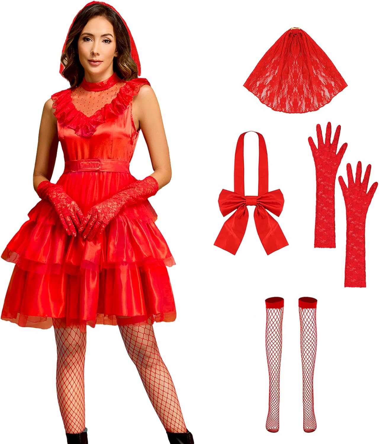 Poboola Lydia Deetz Costume Lydia Red Dress Wedding for Women Beetle Bride Lydia Halloween 80s Prom Tulle Costumes