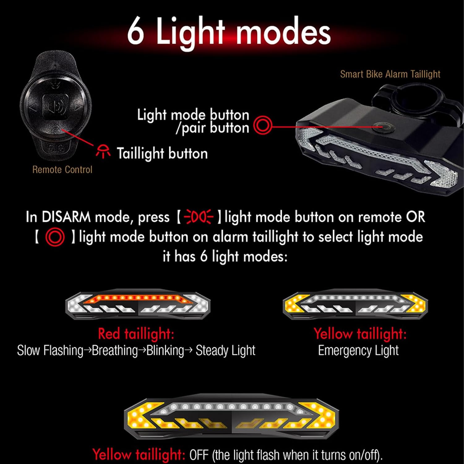 Smart Bike Alarm Taillight with Wireless Remote – 6 Light Modes, Turn Signals, Anti-Theft Alarm, Electric Bell, USB-C Rechargeable, Waterproof for Cycling Safety