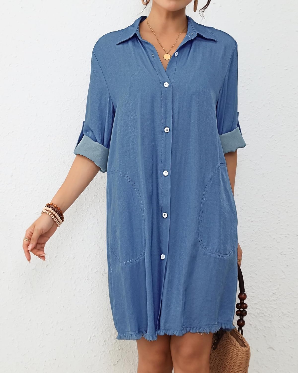 Bsubseach Women Denim Shirt Dress Long Sleeve Button Down Casual Shirt Dresses with Pockets - Image 3