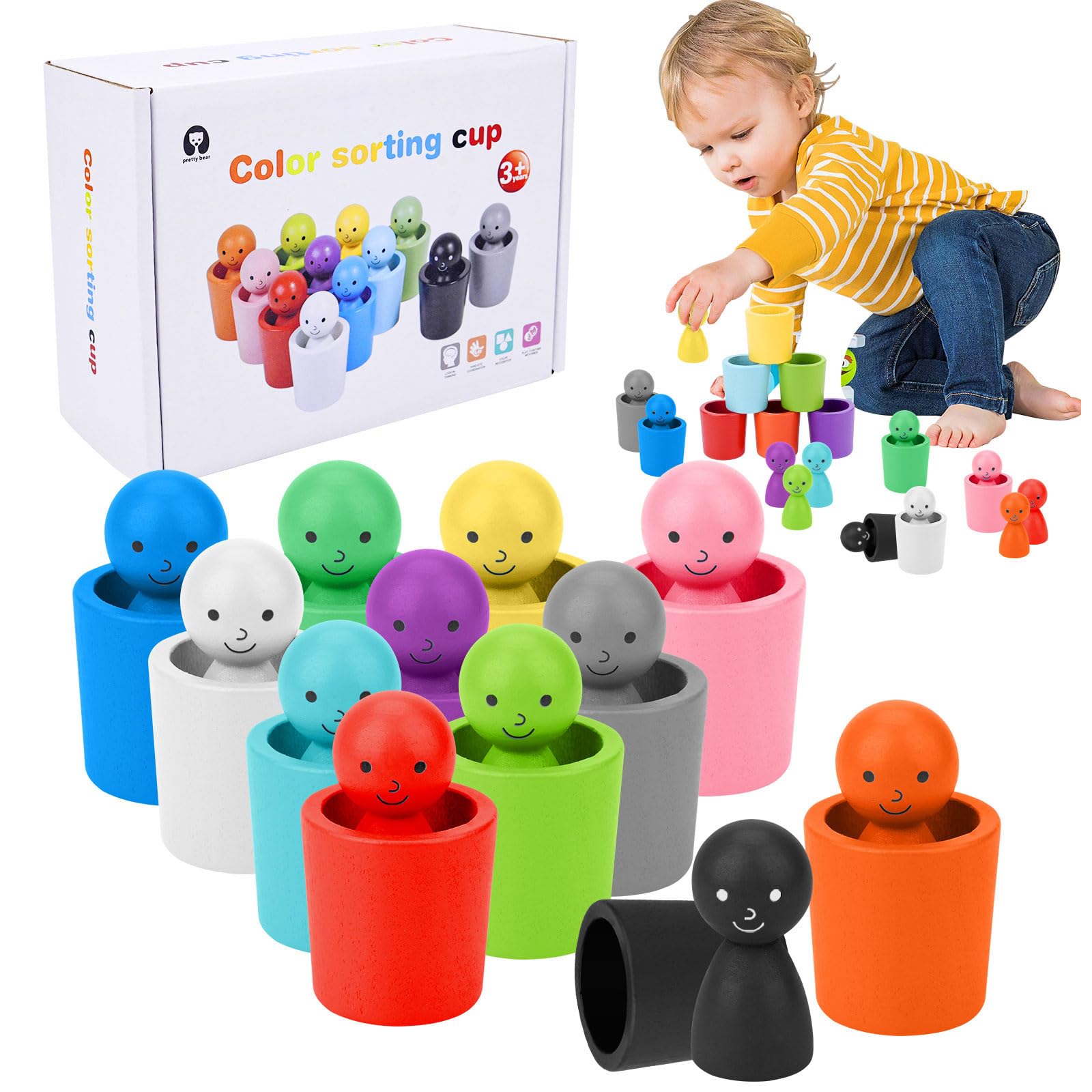 Colour Sorting Cups, Peg Dolls in Cups, Colour Sorting Toys for Toddlers, Wooden Cups and Peg Dolls Matching Games, Color Recognition Playset, Color Sorting Montessori Sensory Toys for Toddlers