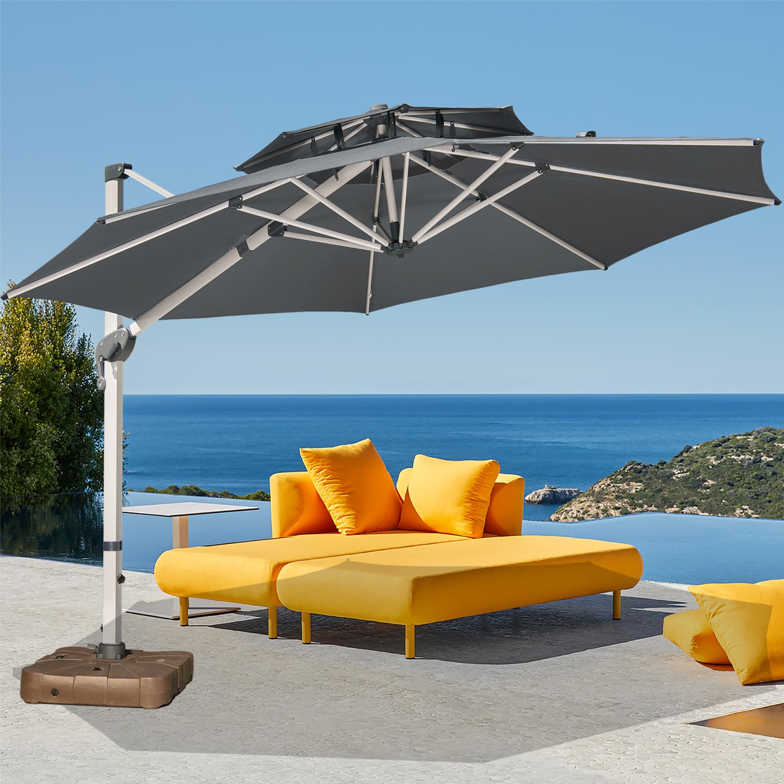 Mojia 11 FT Patio Umbrella with Cross Base Included - Heavy Duty Cantilever Umbrella Large Outdoor Umbrella 360° Rotation Offset Umbrella with Easy Tilt for Pool Backyard Deck Garden, Grey